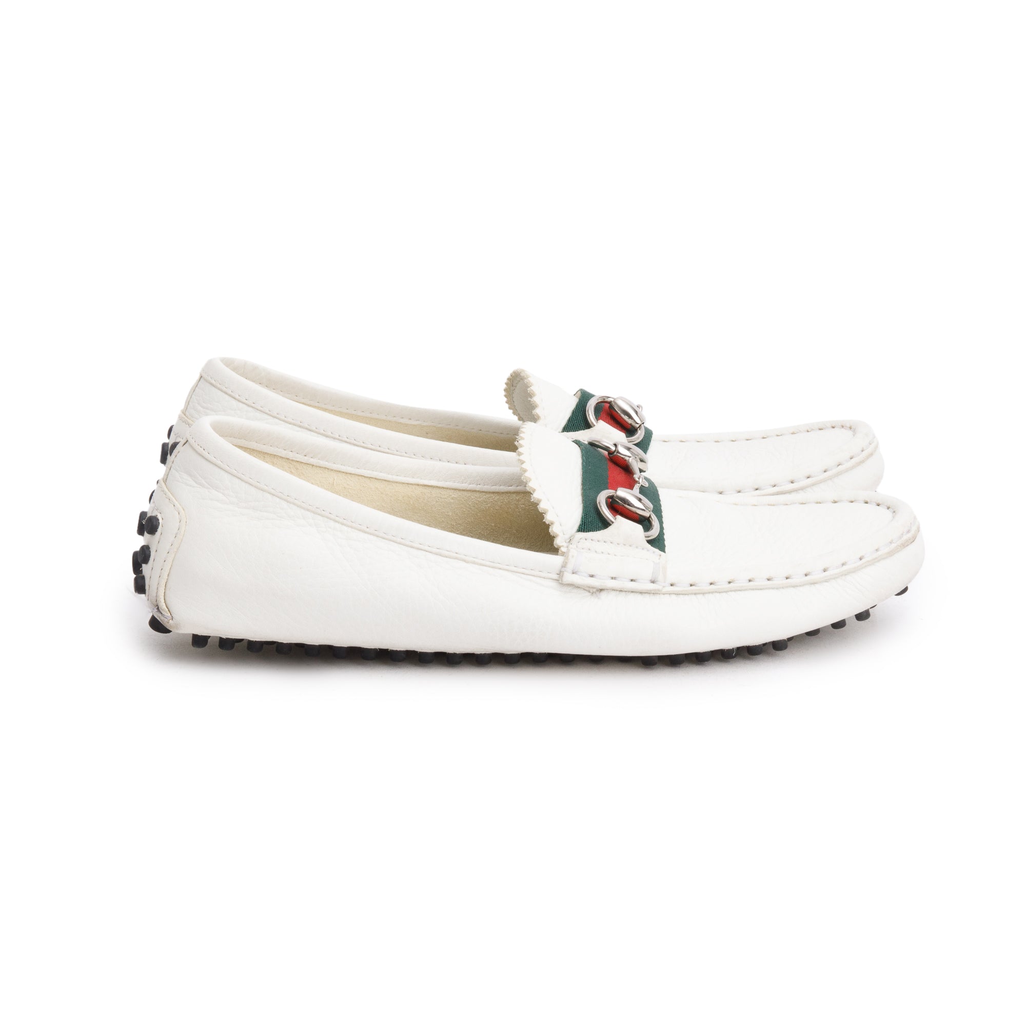Gucci White Leather Web Horsebit Accent Loafers, Size 36.5