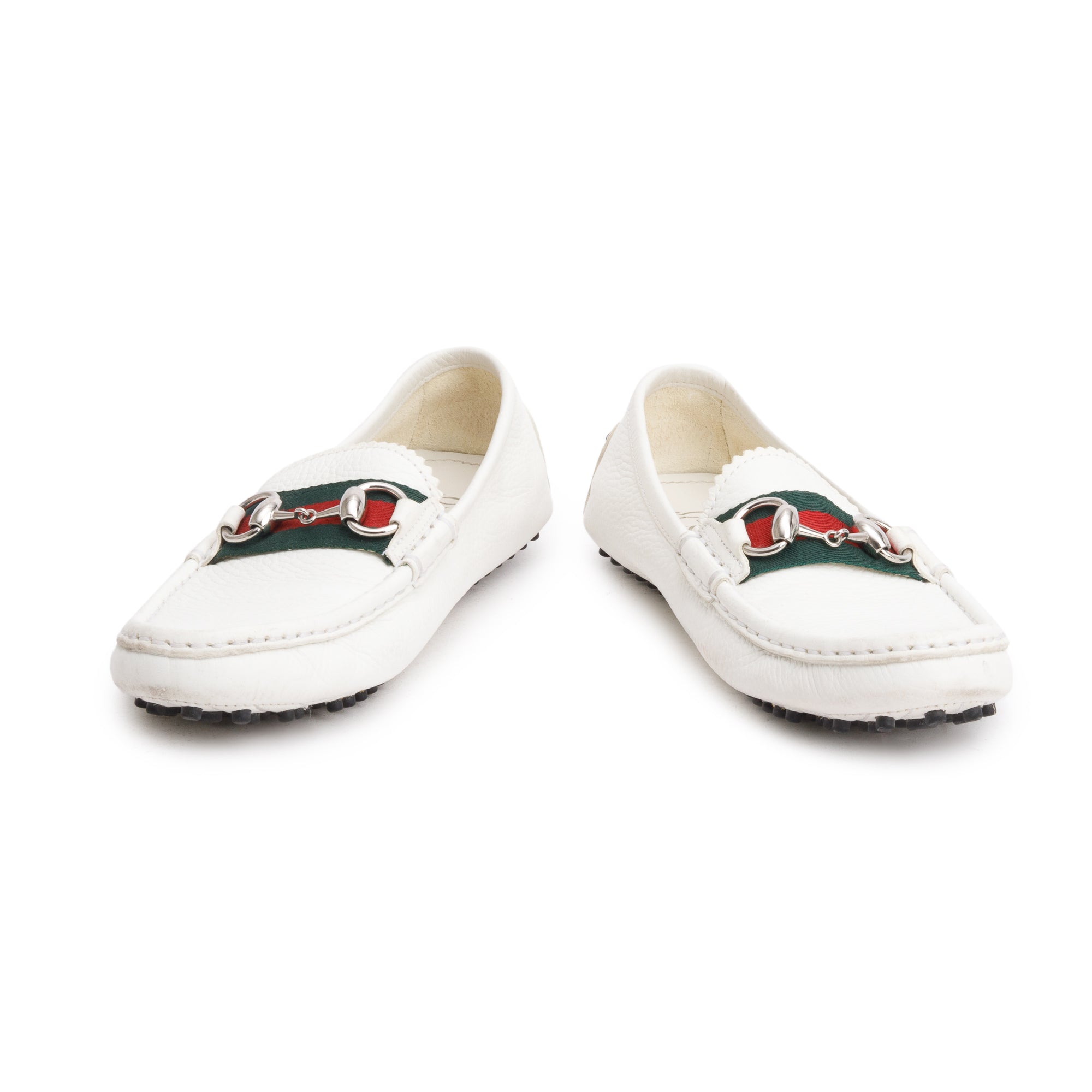 Gucci White Leather Web Horsebit Accent Loafers, Size 36.5