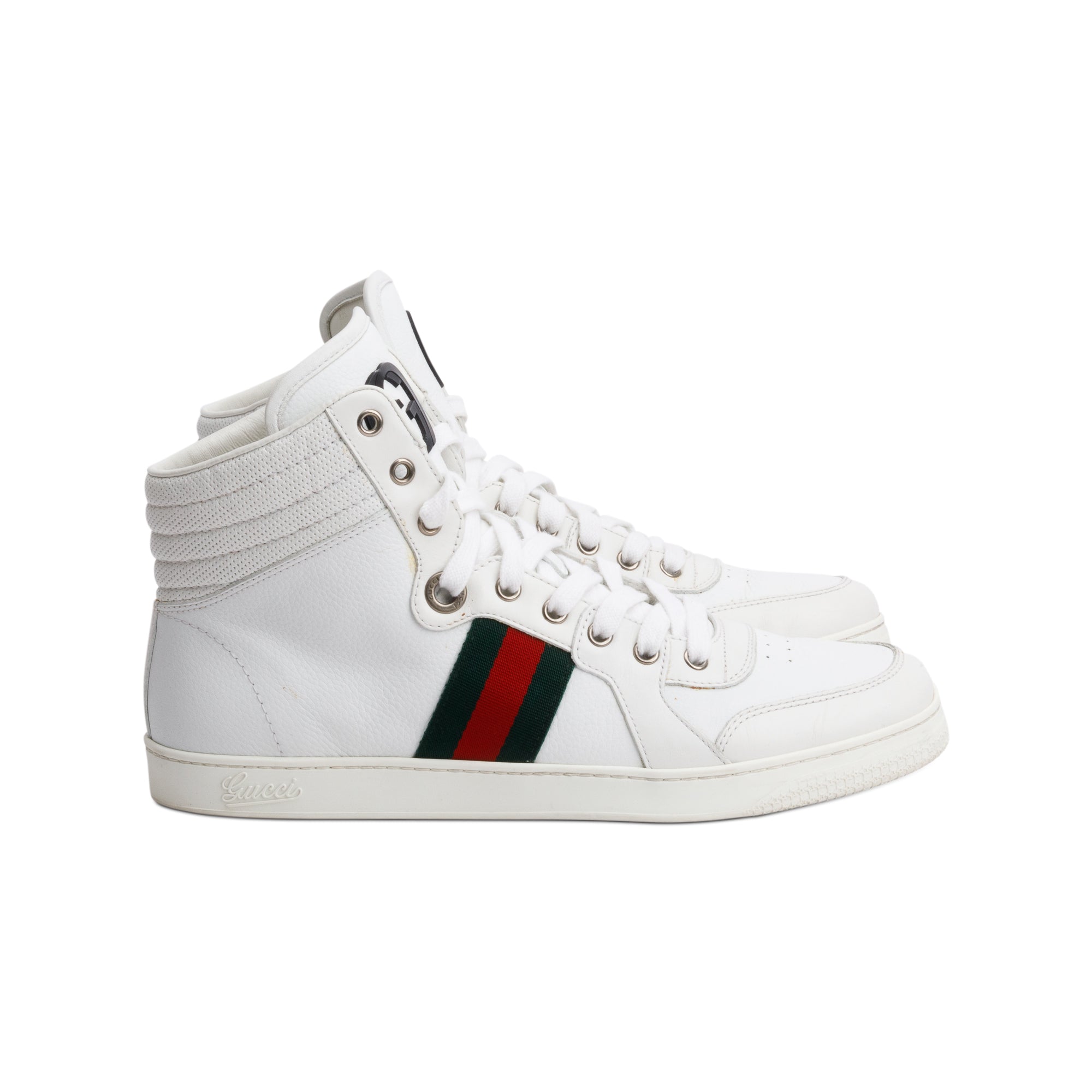 Gucci White Leather Web Interlocking G Coda Stripe High-Top Sneakers, Size 8.5 w/ Box