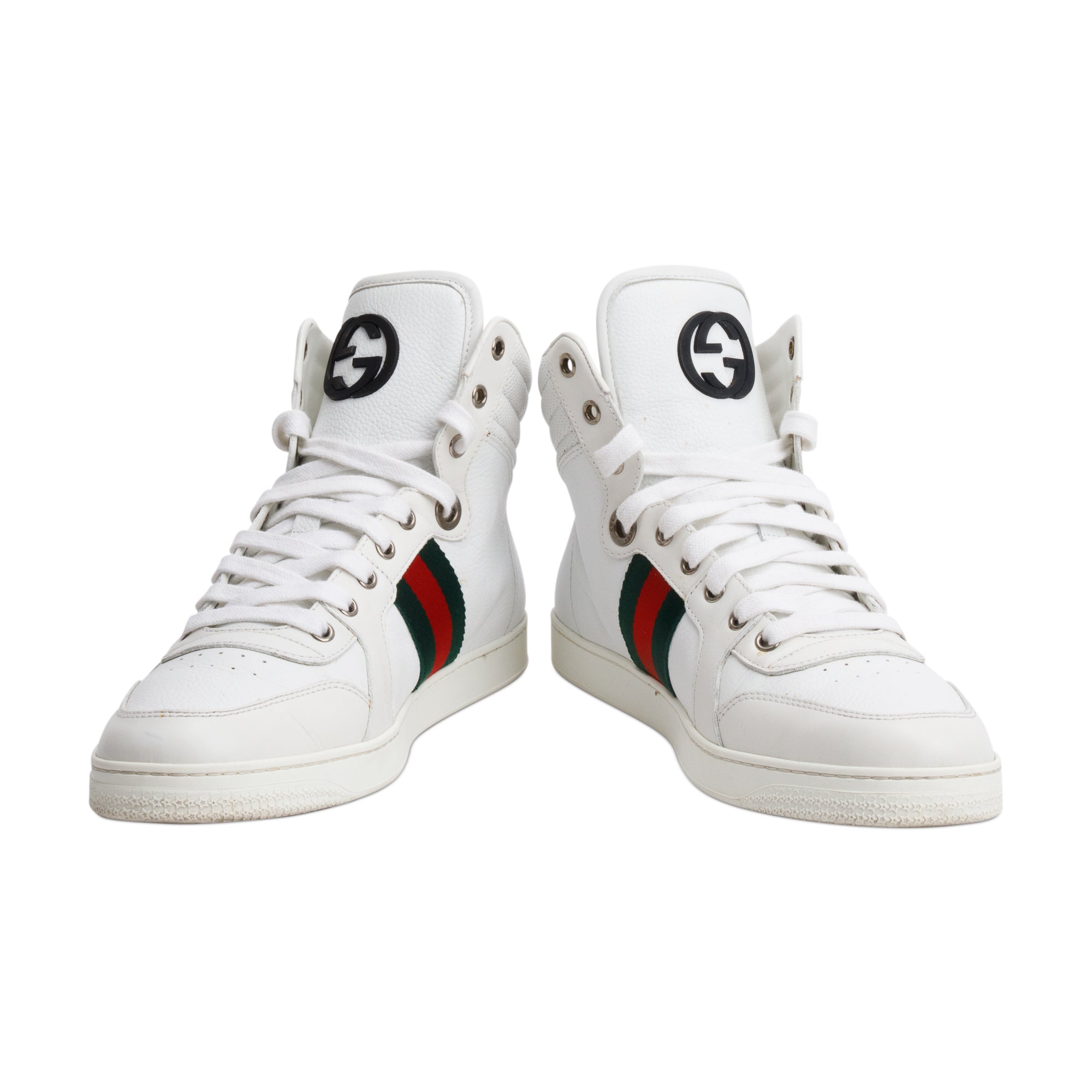 Gucci White Leather Web Interlocking G Coda Stripe High-Top Sneakers, Size 8.5 w/ Box