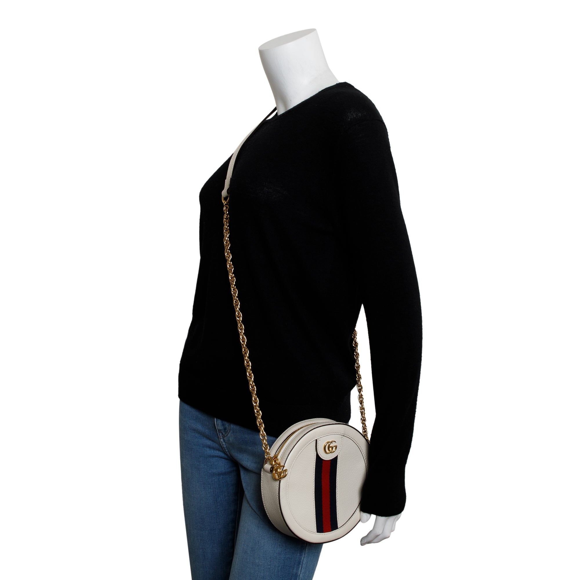 Gucci White Leather Web Ophidia Mini Round Shoulder Bag