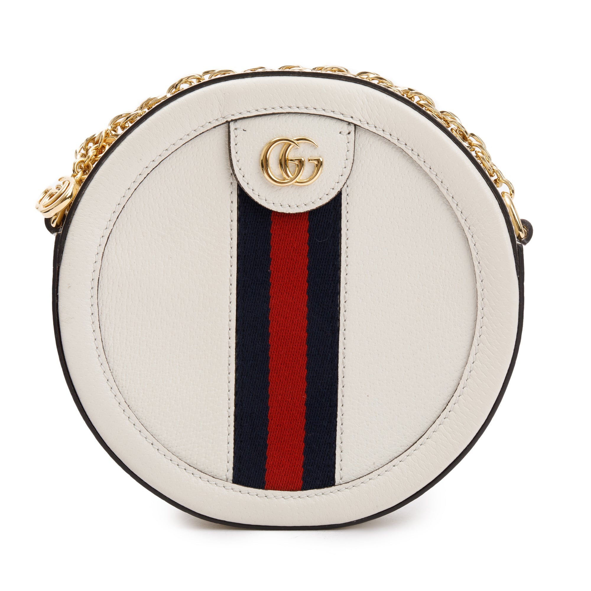 Gucci White Leather Web Ophidia Mini Round Shoulder Bag