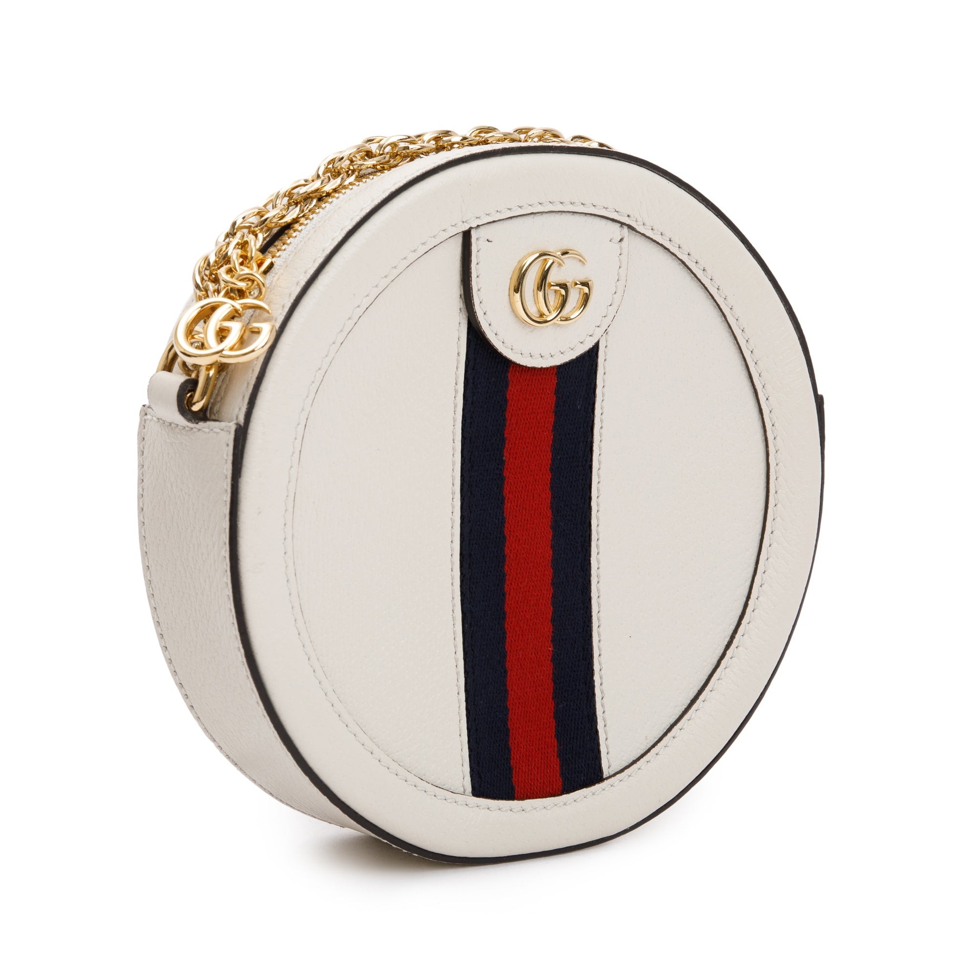 Gucci White Leather Web Ophidia Mini Round Shoulder Bag