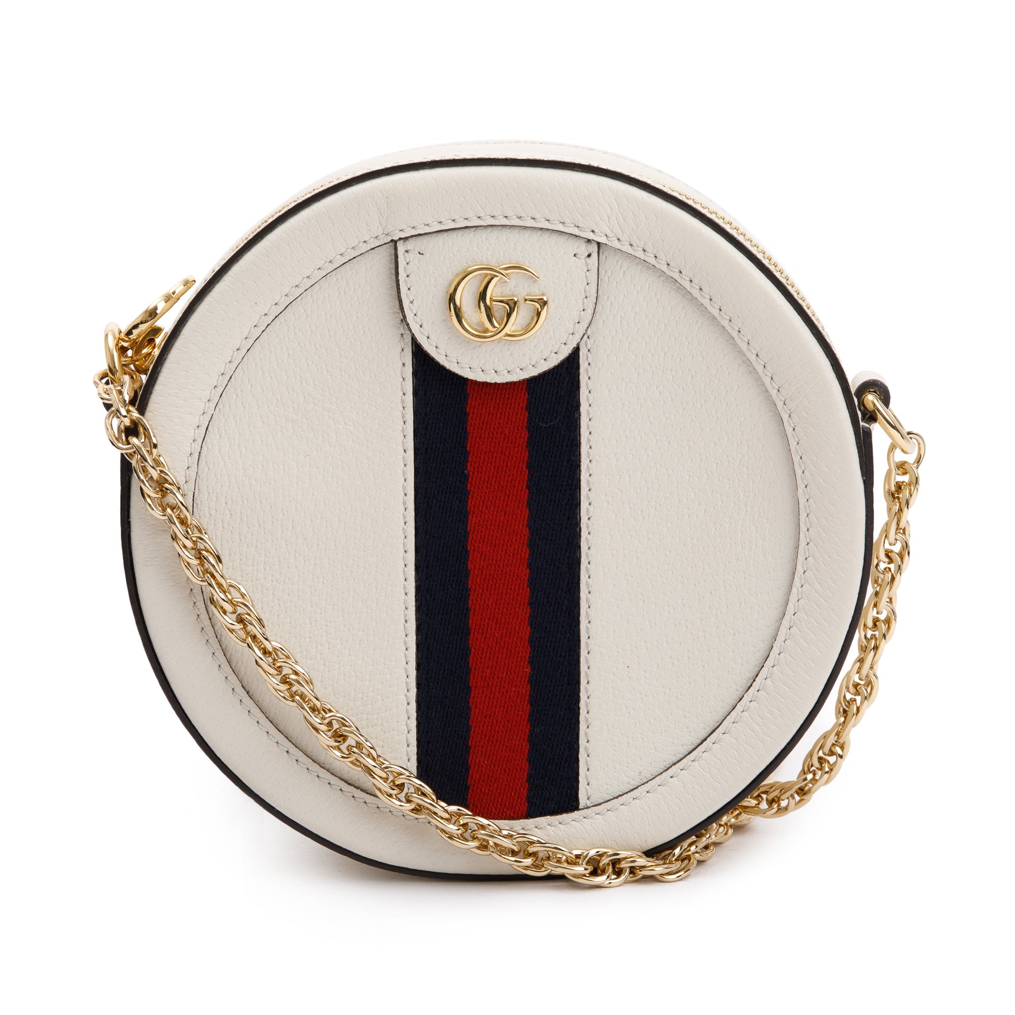 Gucci White Leather Web Ophidia Mini Round Shoulder Bag