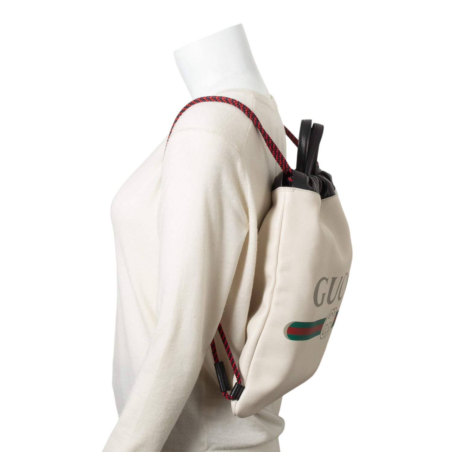 Gucci White Logo Print Web Calfskin Leather Medium Drawstring Backpack with Pouch