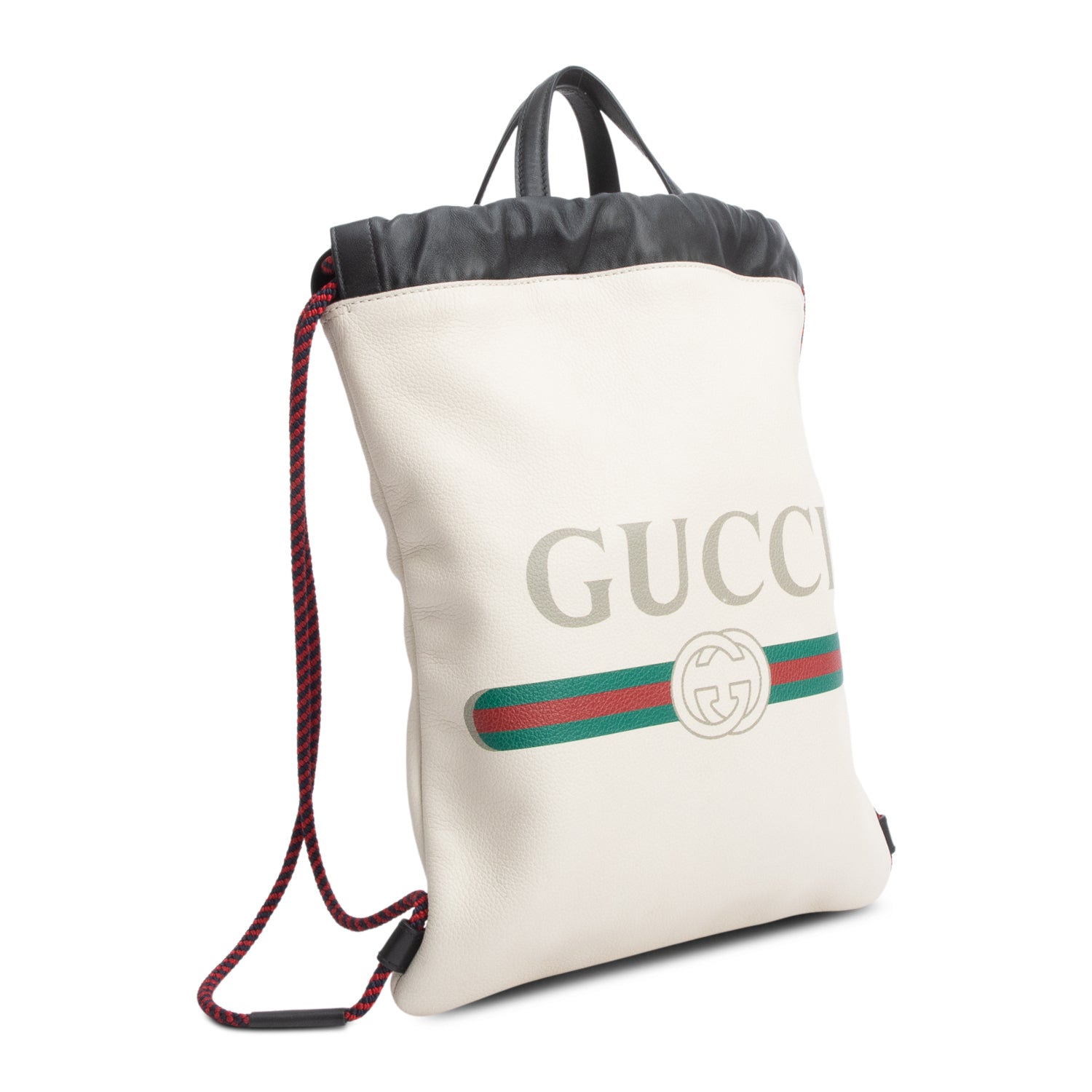 Gucci White Logo Print Web Calfskin Leather Medium Drawstring Backpack with Pouch