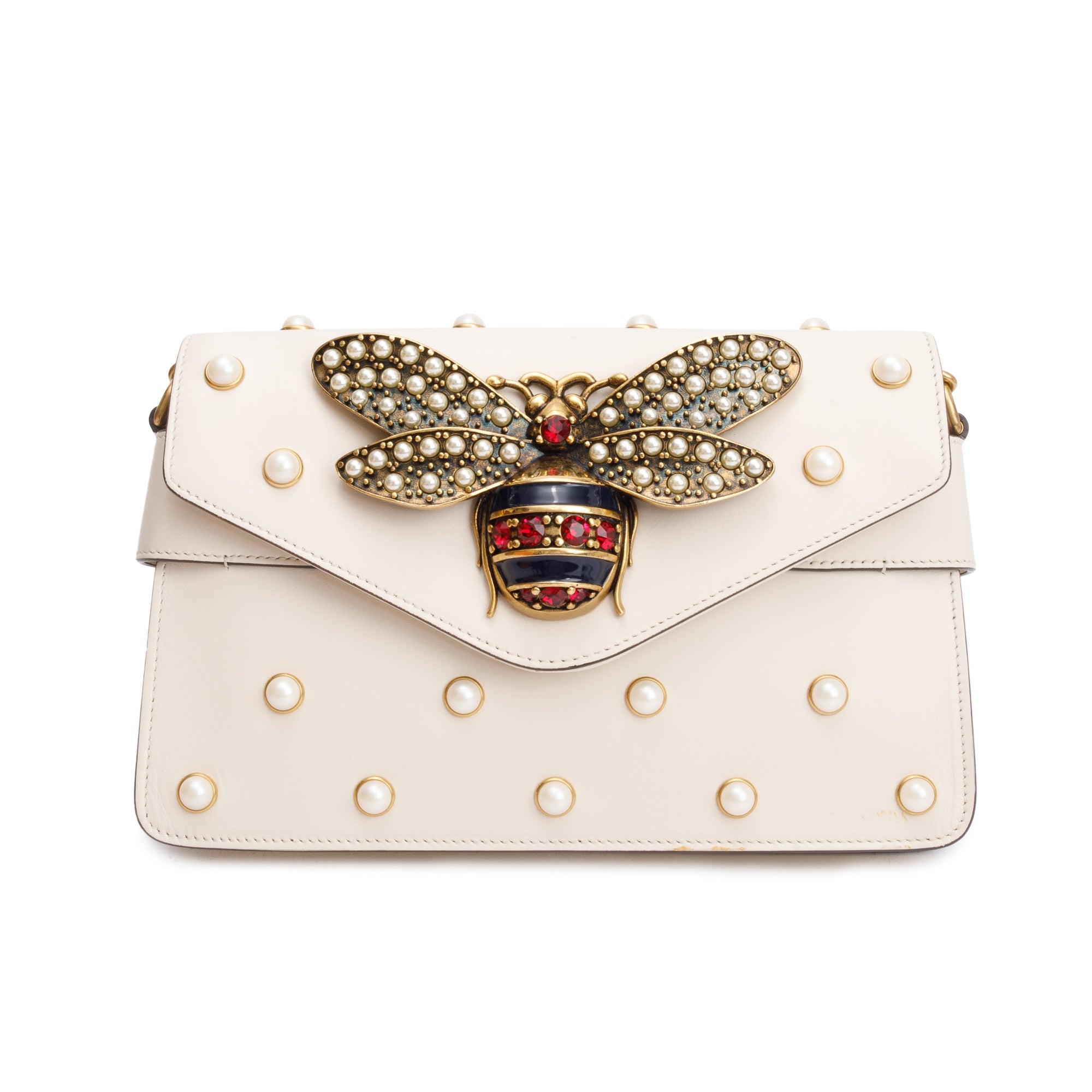 Gucci White Nappa Pearl Studded Mini Queen Margaret Broadway Shoulder Bag w/ Straps