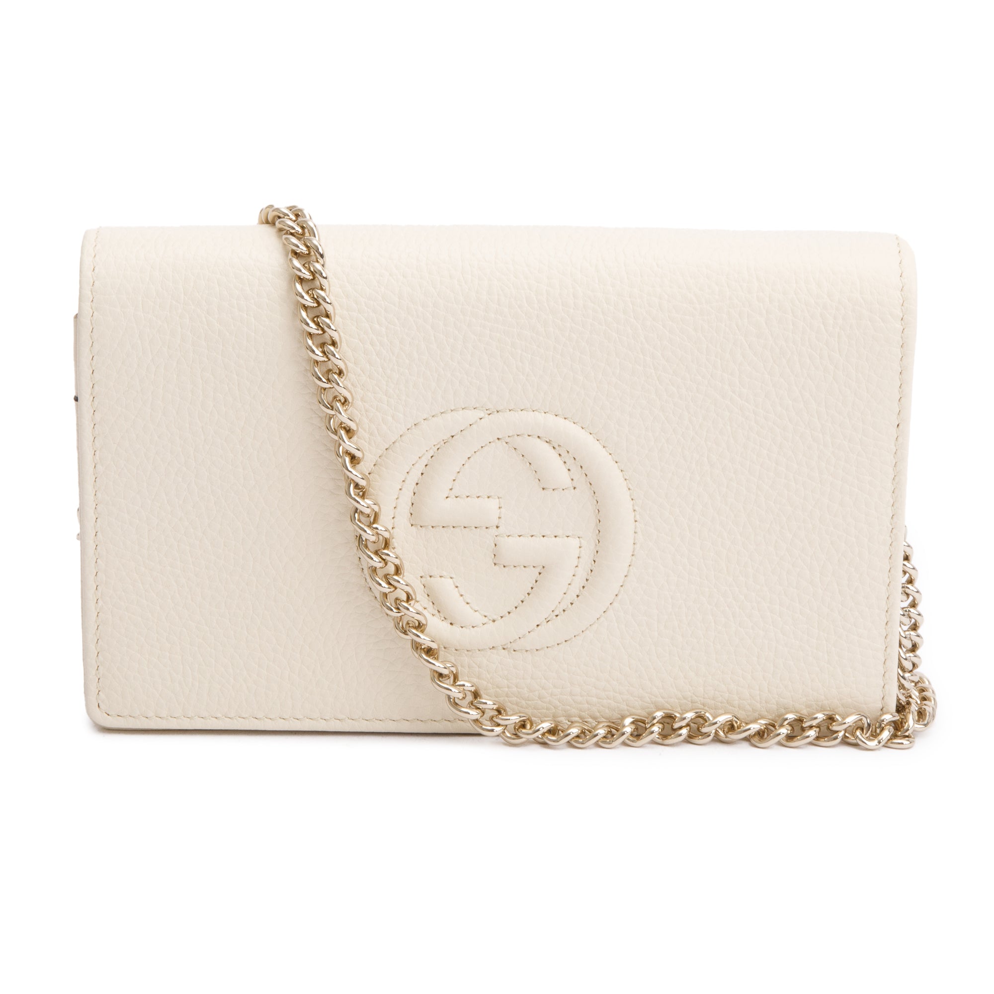 Gucci White Pebbled Calfskin Soho Wallet On Chain w/ Box