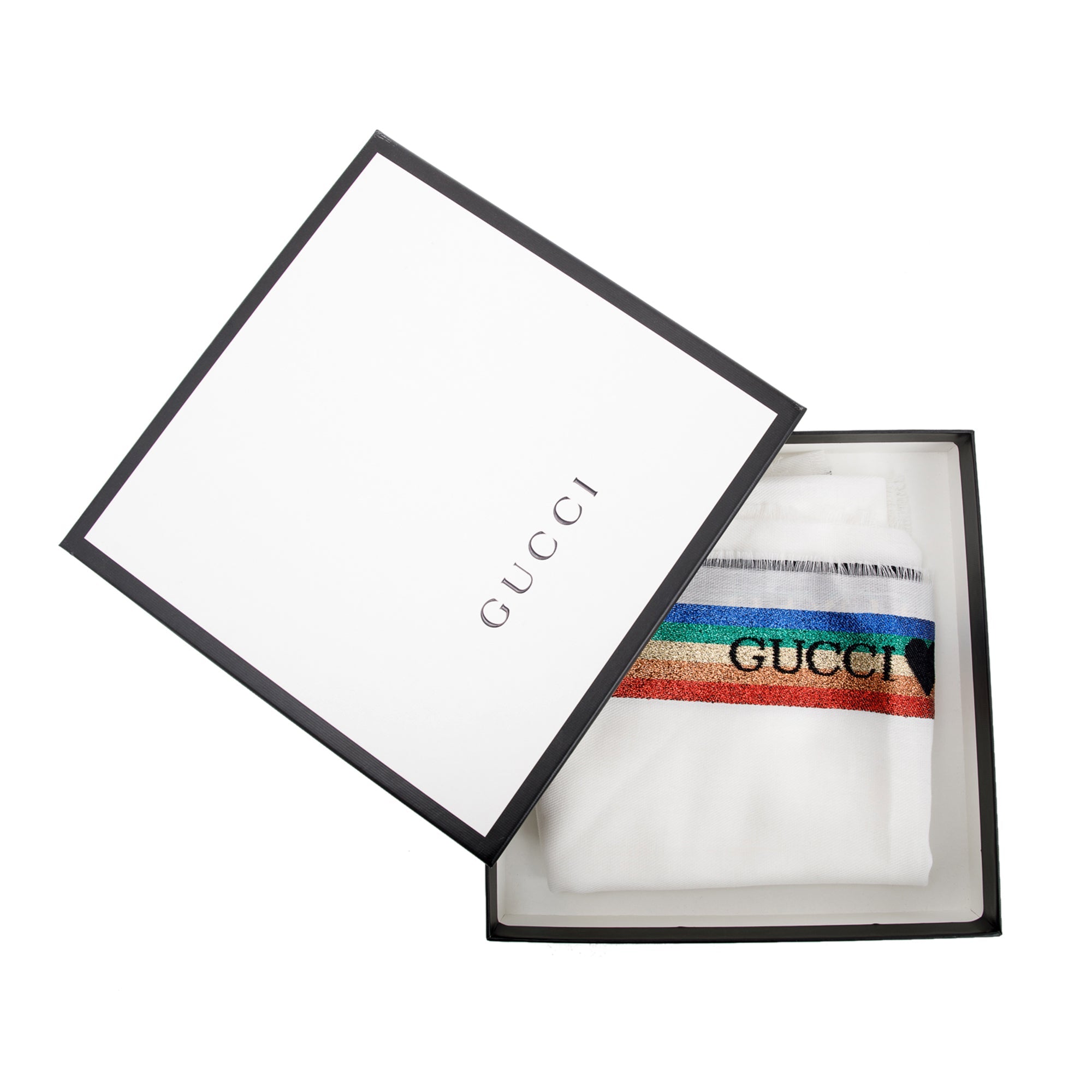 Gucci White Rainbow Striped Scarf w/ Box