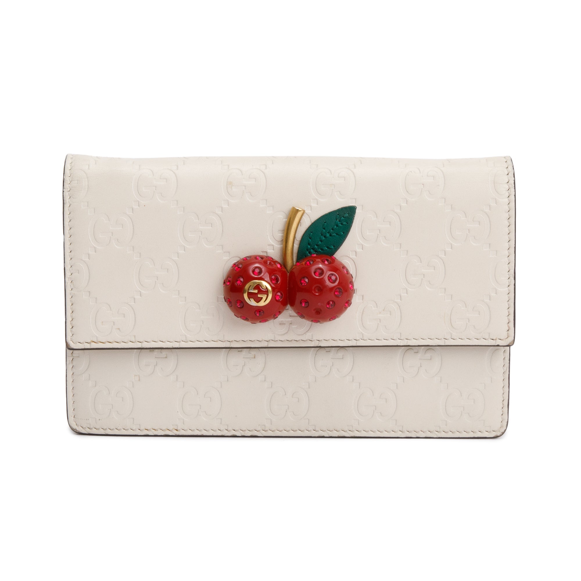 Gucci White Signature Leather Cherry Mini Wallet On Chain