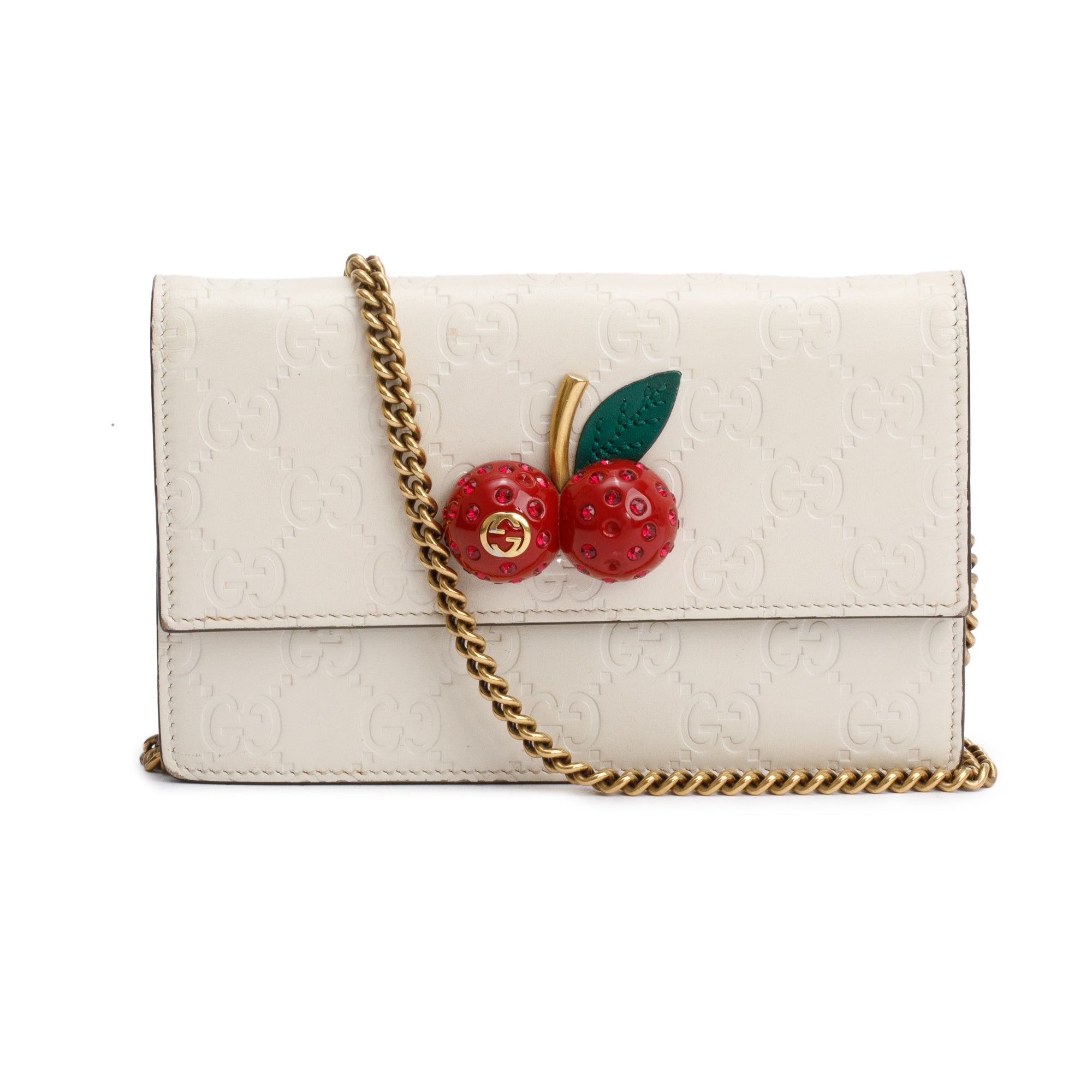 Gucci White Signature Leather Cherry Mini Wallet On Chain