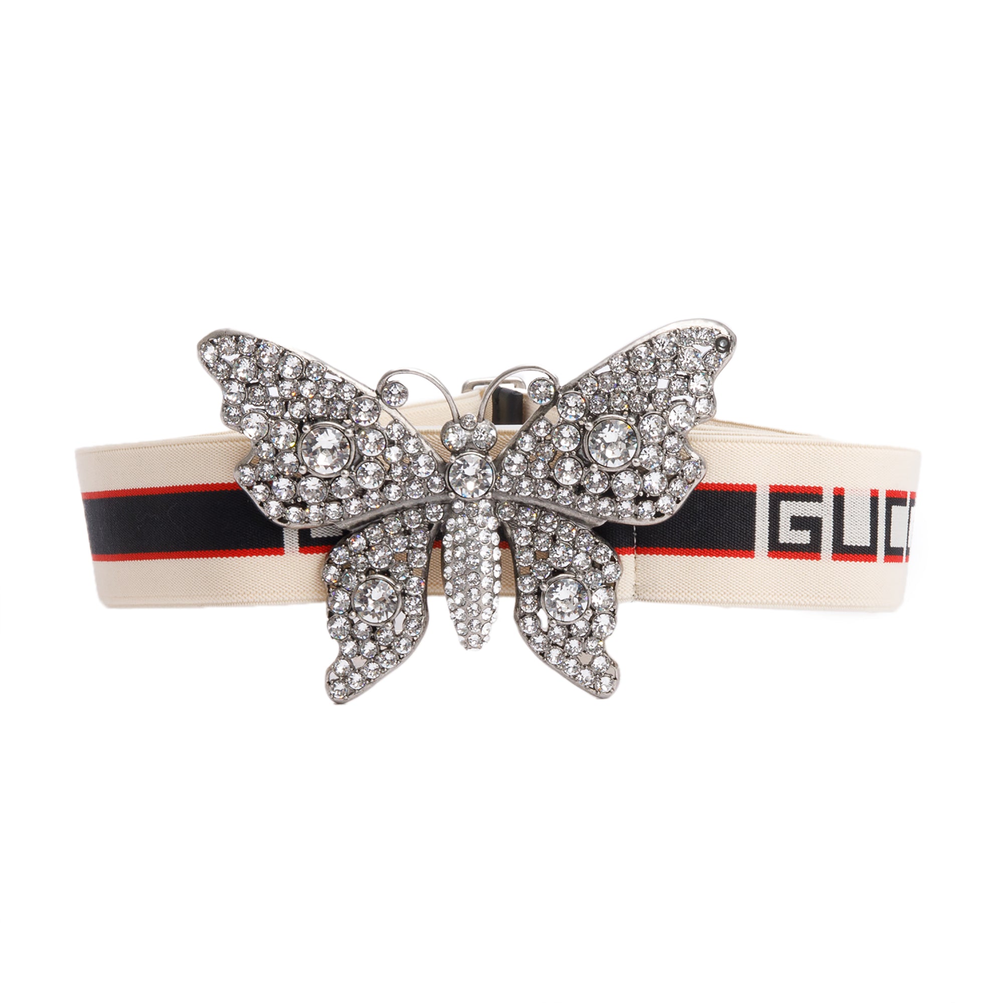 Gucci White Stripe Jacquard Web Crystal Embellished Butterfly Buckle Belt, 80 32
