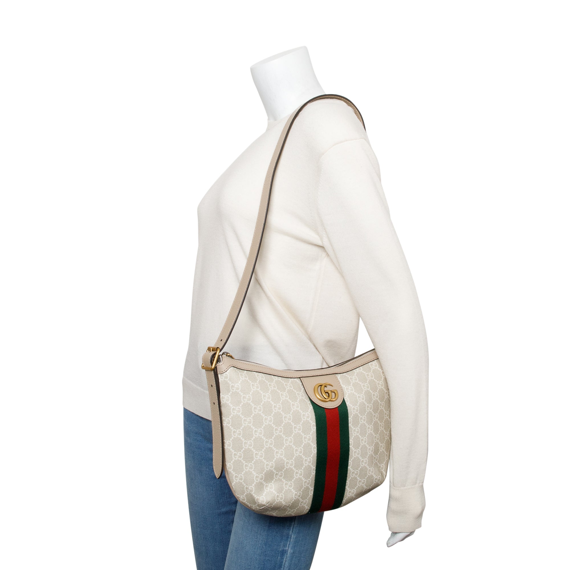 Gucci White/Beige GG Supreme Web Small Ophidia Half Moon Hobo w/ Box