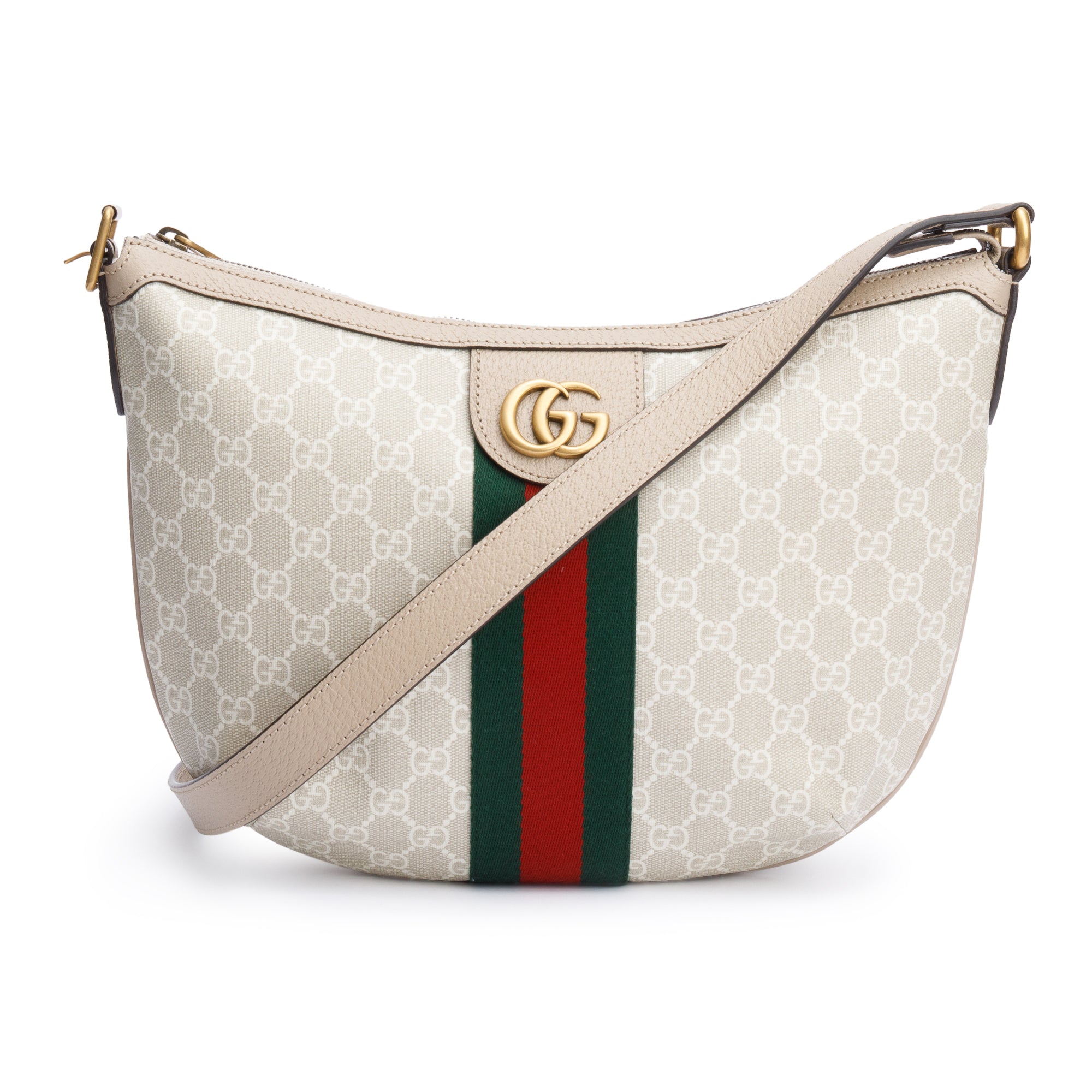 Gucci White/Beige GG Supreme Web Small Ophidia Half Moon Hobo w/ Box