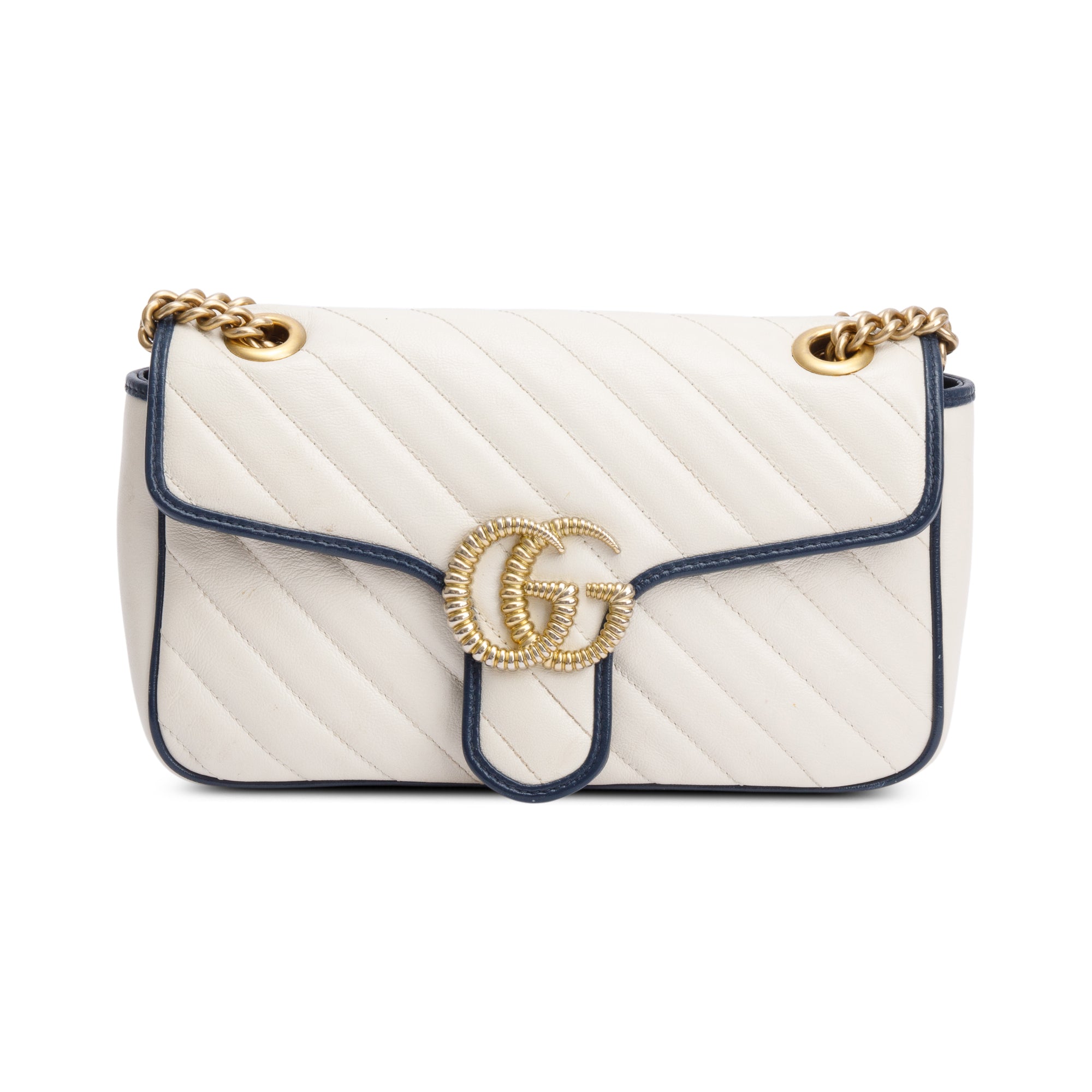 Gucci White/Navy Trim GG Marmont Matelasse Leather Torchon Small Shoulder Bag