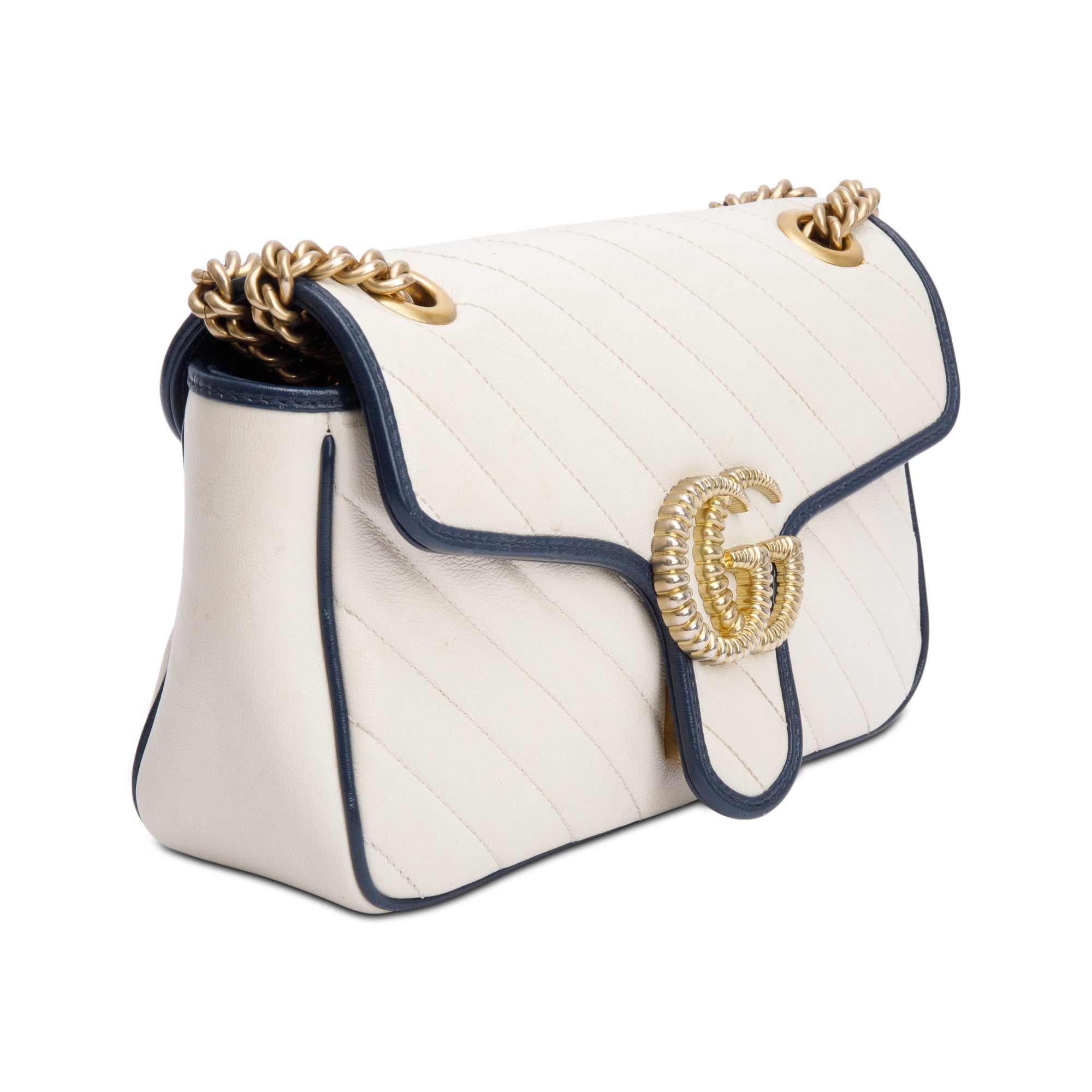 Gucci White/Navy Trim GG Marmont Matelasse Leather Torchon Small Shoulder Bag