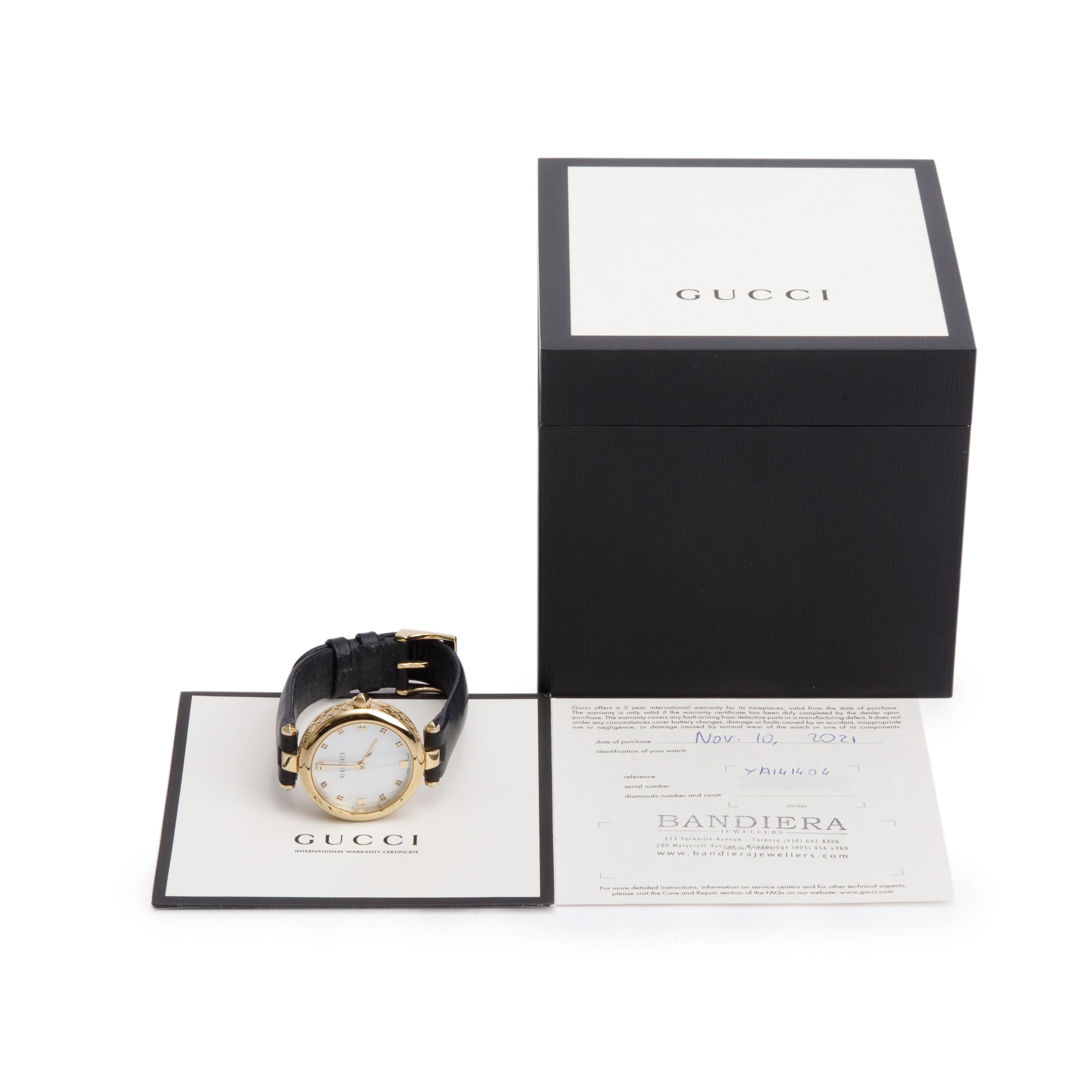 Gucci Yellow Gold Plated Stainless Steel Diamantissima 32 MM Watch Mother of Pearl Dial w/ Box