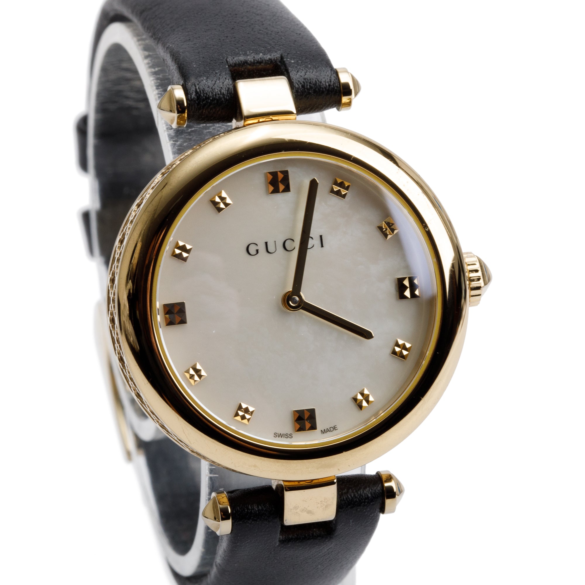 Gucci Yellow Gold Plated Stainless Steel Diamantissima 32 MM Watch Mother of Pearl Dial w/ Box