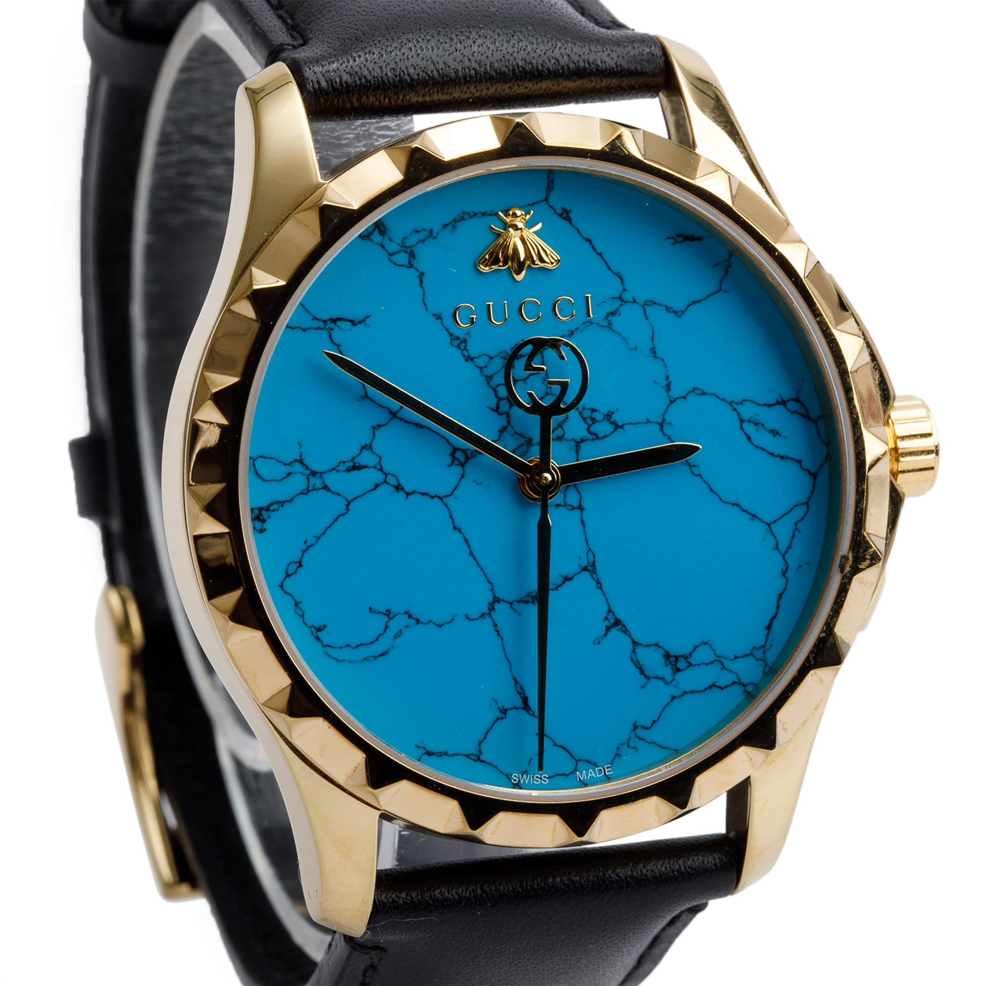 Gucci Yellow Gold Plated Stainless Steel G-Timeless 38 MM Quartz Watch Turquoise Dial