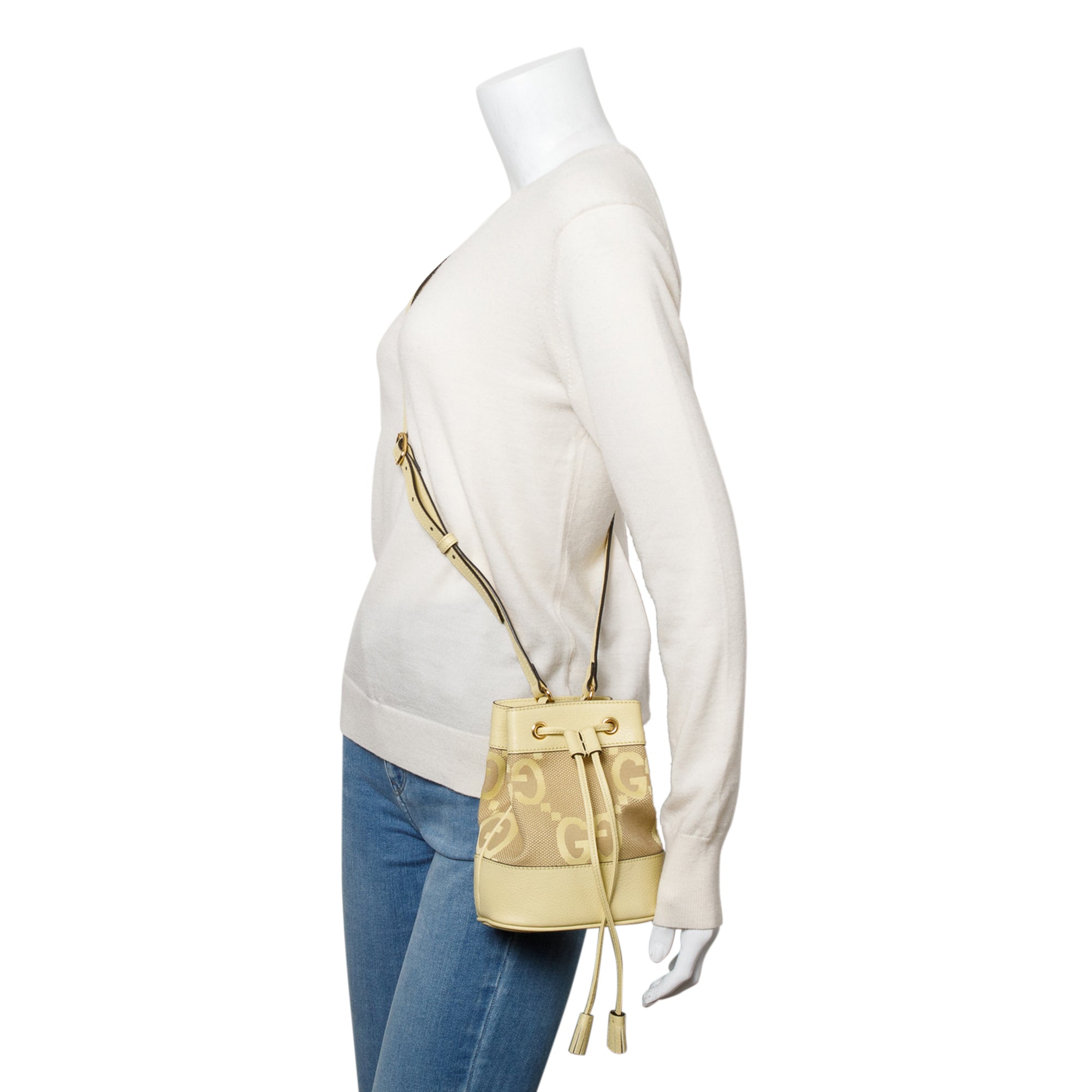 Gucci Yellow Jumbo GG Canvas & Leather Ophidia Mini Bucket Bag w/ Box