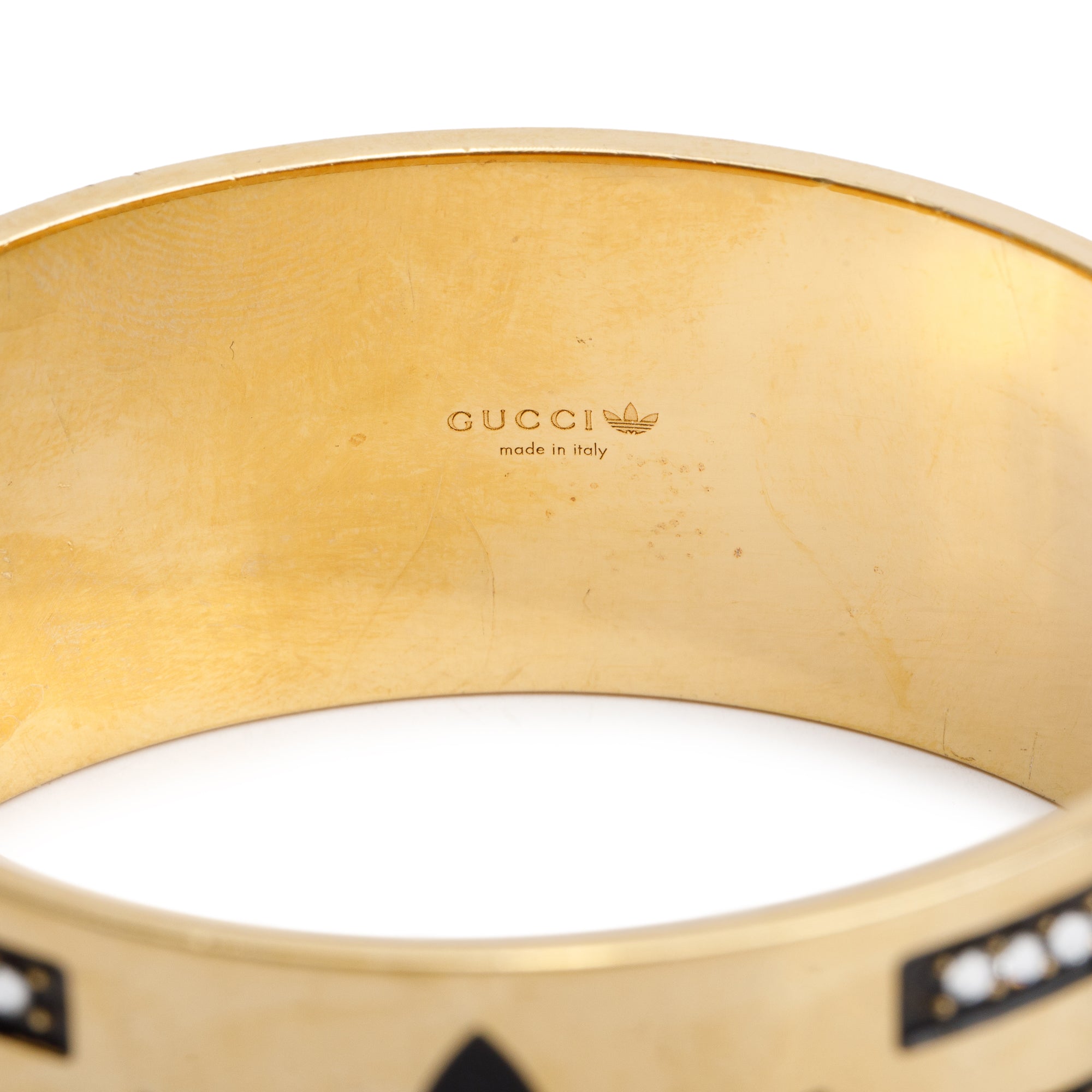 Gucci x Adidas Gold Plated Enamel & Crystal Hinged Bangle Bracelet