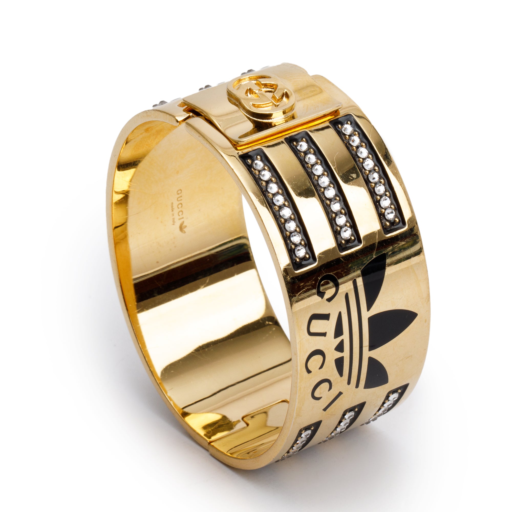 Gucci x Adidas Gold Plated Enamel & Crystal Hinged Bangle Bracelet