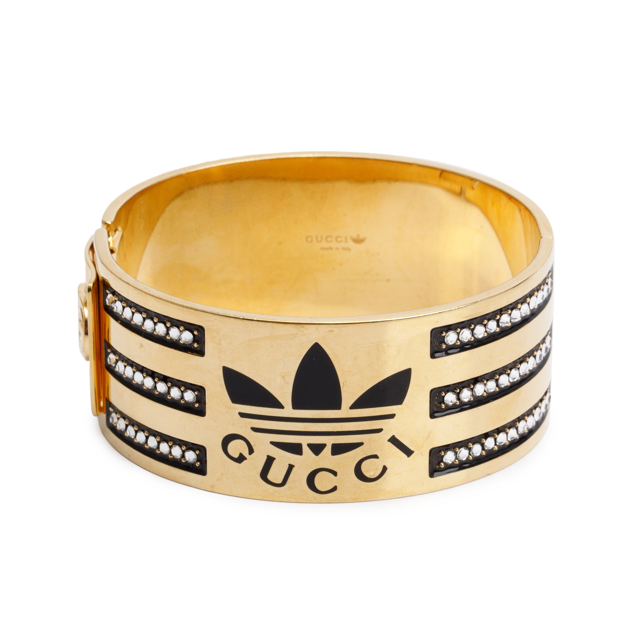 Gucci x Adidas Gold Plated Enamel & Crystal Hinged Bangle Bracelet
