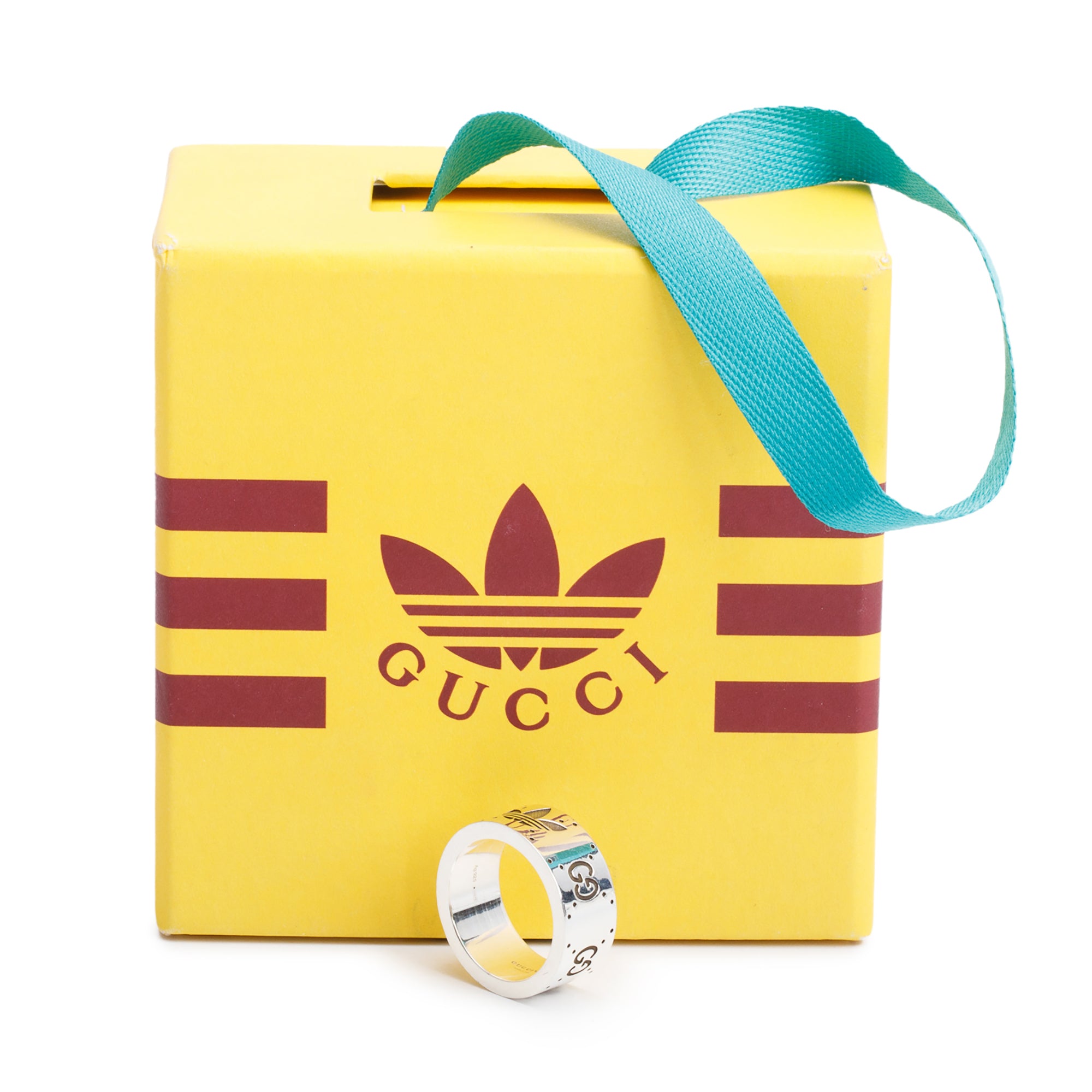 Gucci x Adidas Sterling Silver Engraved GG Wide 9 MM Band Ring, Size 15 7 w/ Box