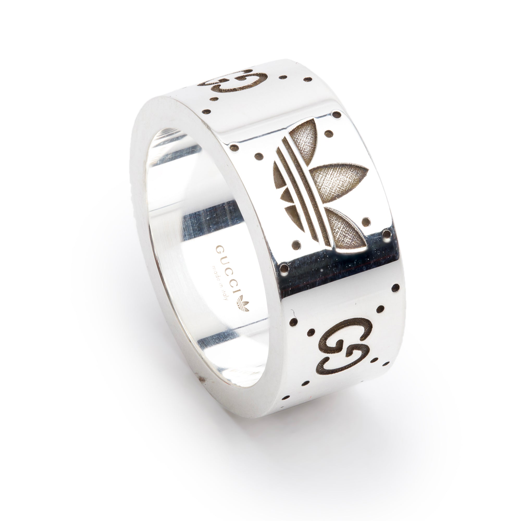 Gucci x Adidas Sterling Silver Engraved GG Wide 9 MM Band Ring, Size 15 7 w/ Box