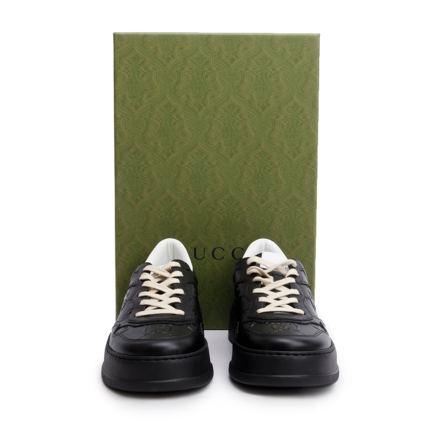 Gucci Black Embossed GG Logo Leather Chunky Sneakers w/ Box, Men's Size 8.5