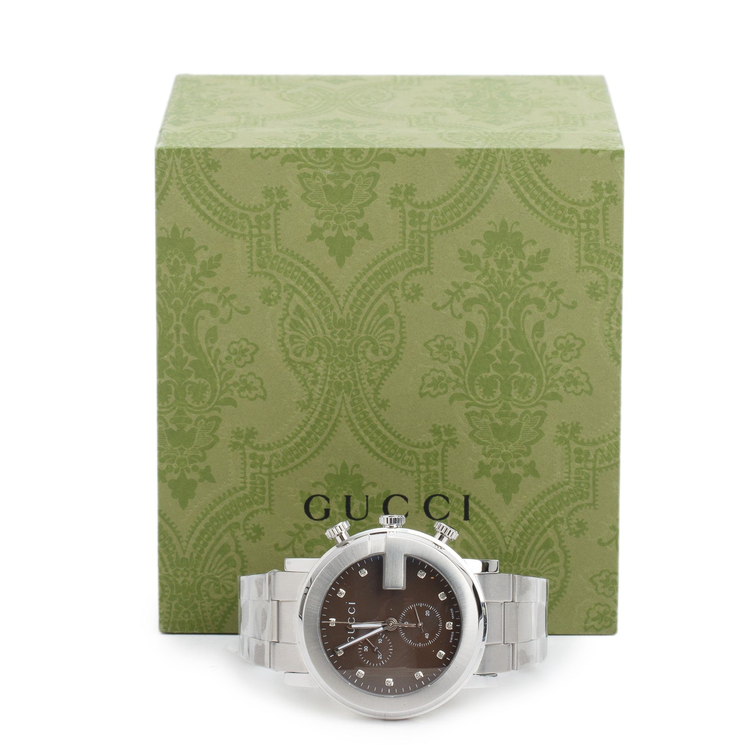 Gucci Stainless Steel G-Chrono 44 MM Watch Chronograph Quartz Watch Brown Diamond Dial YA101350 w/ Box