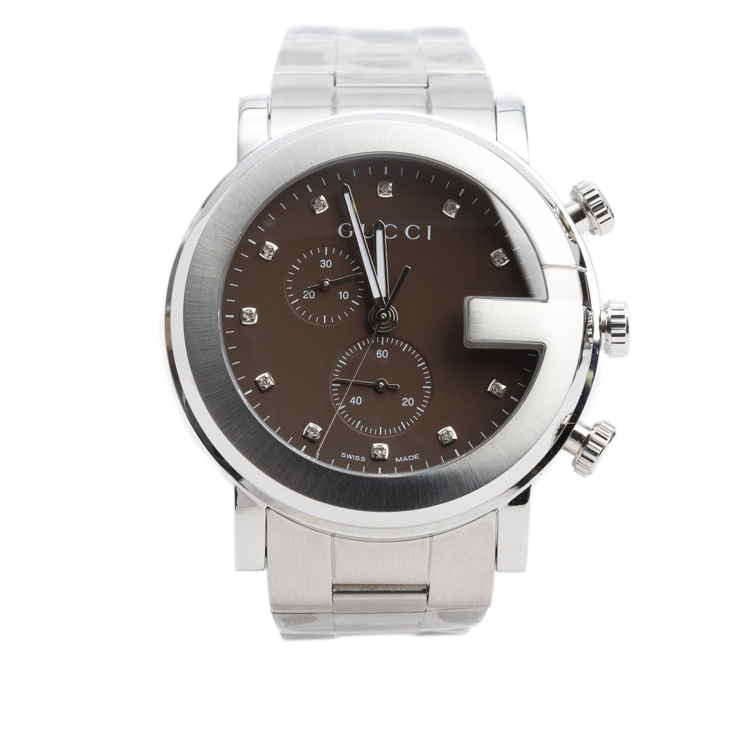 Gucci Stainless Steel G-Chrono 44 MM Watch Chronograph Quartz Watch Brown Diamond Dial YA101350 w/ Box