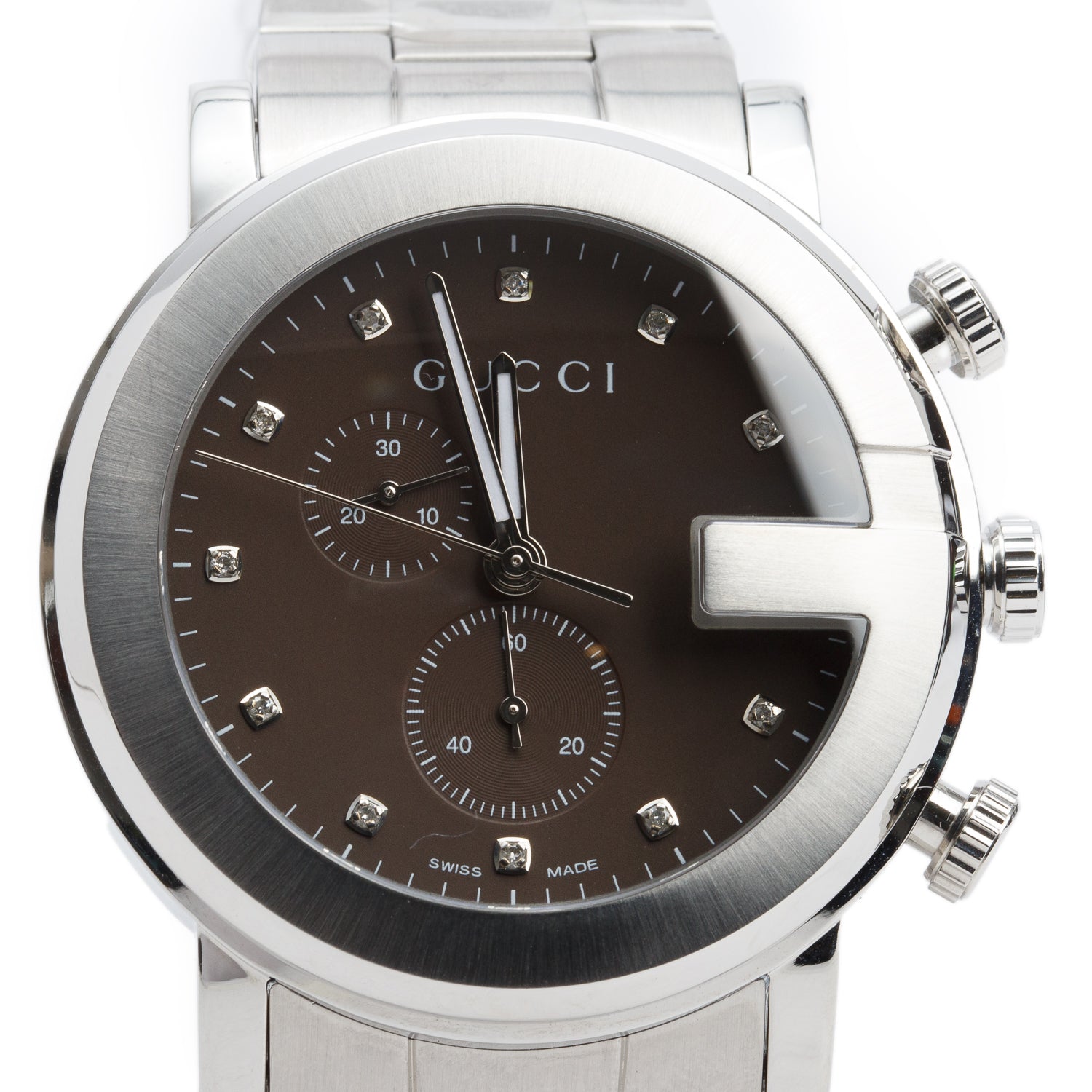 Gucci Stainless Steel G-Chrono 44 MM Watch Chronograph Quartz Watch Brown Diamond Dial YA101350 w/ Box