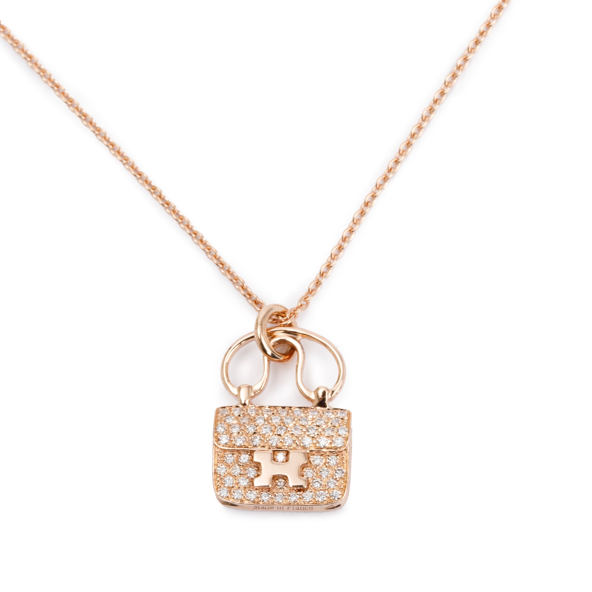 Hermes 18k Rose Gold Diamond Amulettes Constance Pendant Necklace