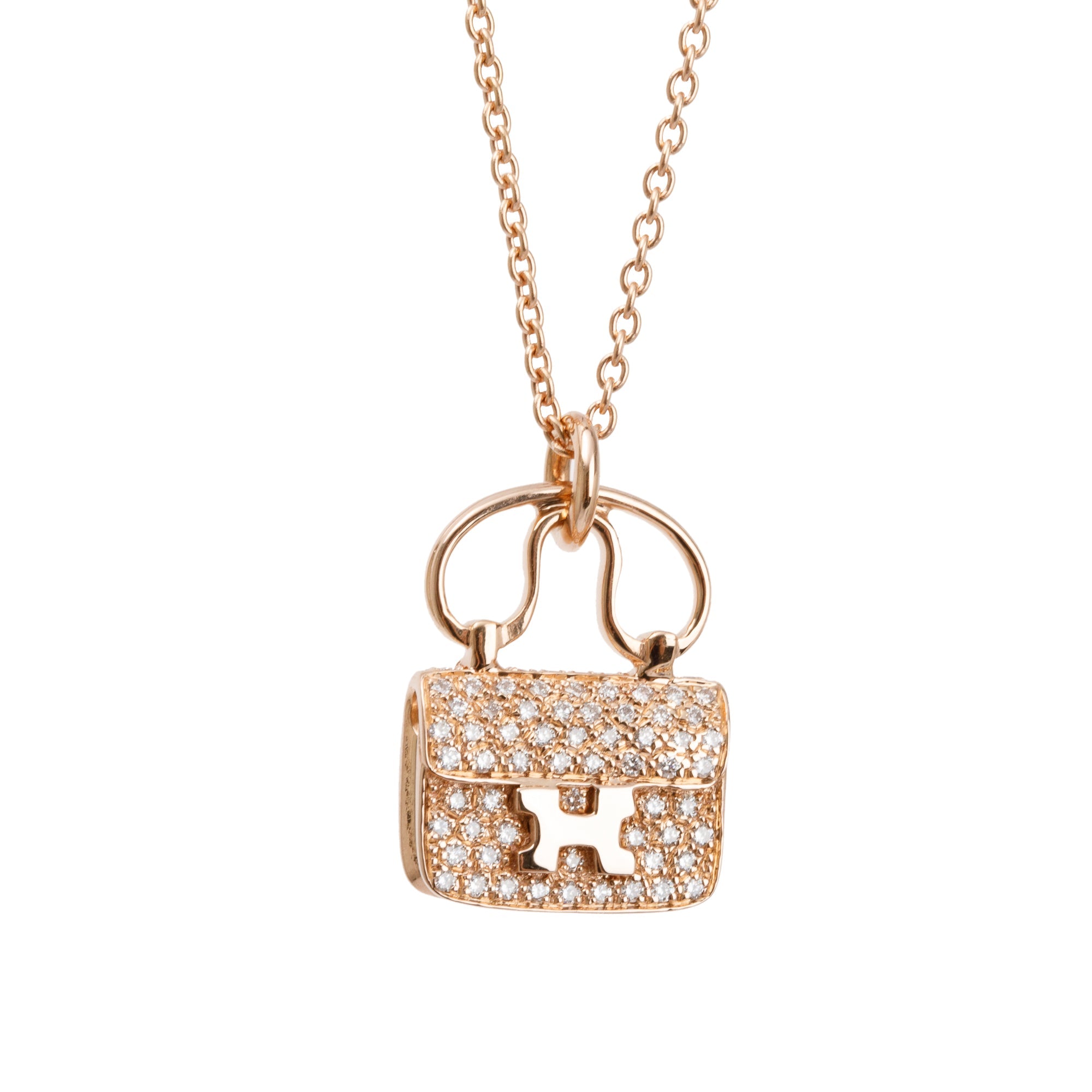 Hermes 18k Rose Gold Diamond Amulettes Constance Pendant Necklace
