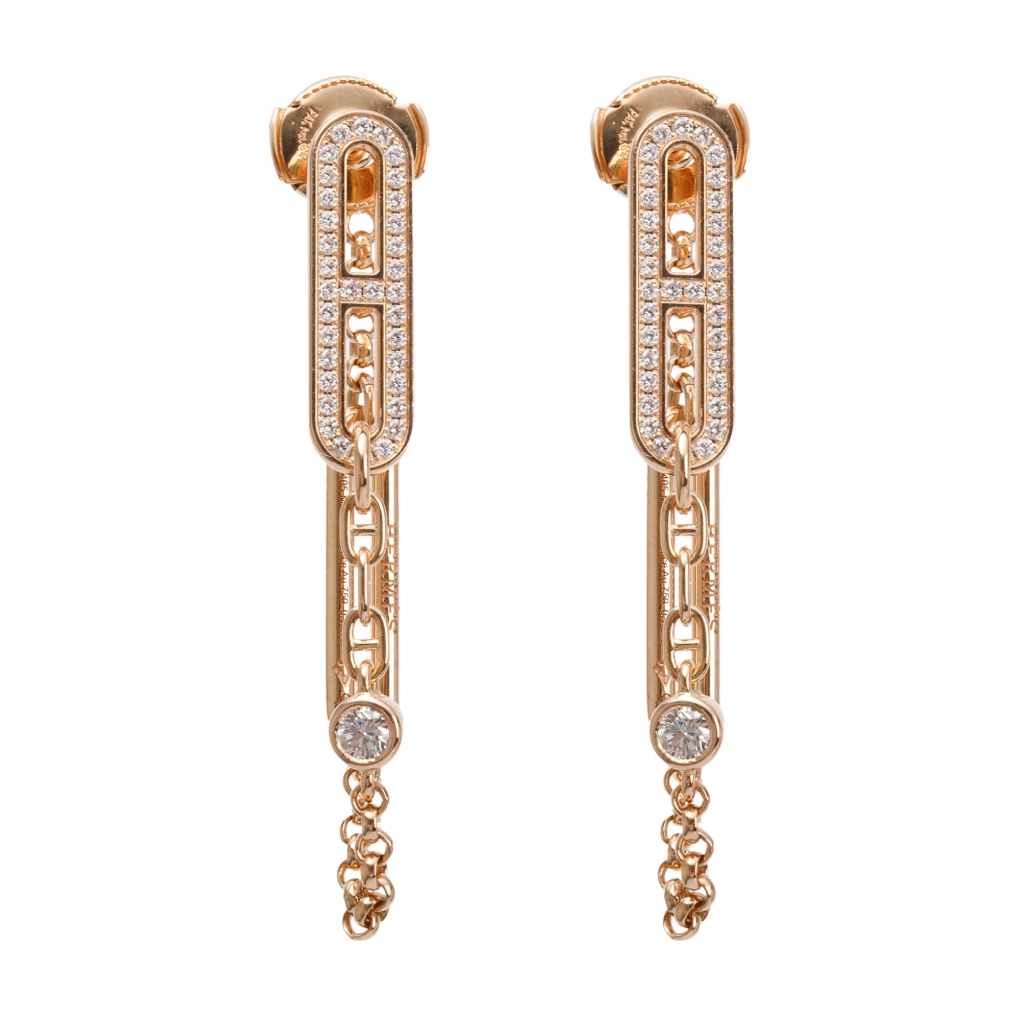 Hermes 18k Rose Gold Diamond Chaine D'Ancre Chaos Earrings w/ Box