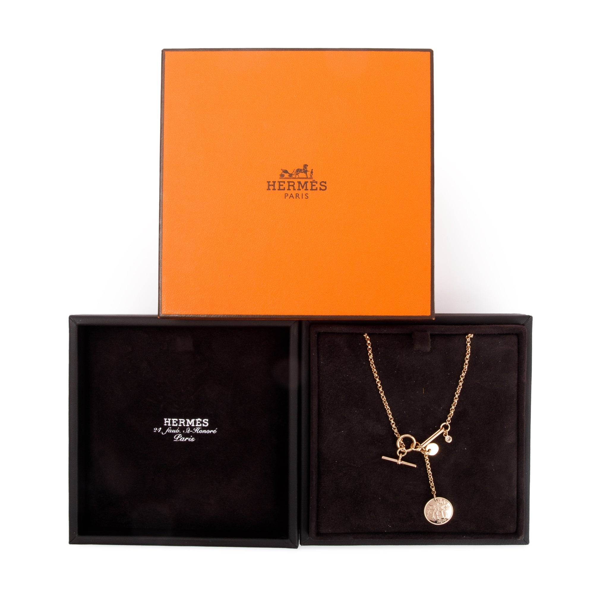 Hermes 18k Rose Gold Diamond Ex-Libris Pendant Necklace, Small Model w/ Box