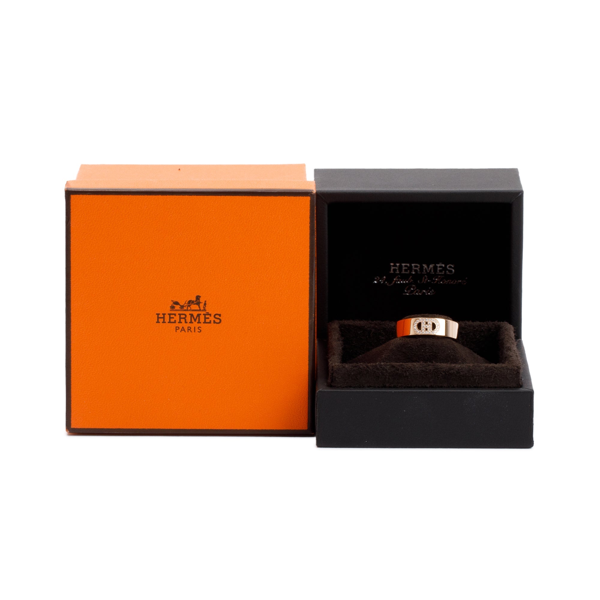 Hermes 18k Rose Gold Diamond H D'Ancre Ring, Small Model Size 55 7.25 w/ Box