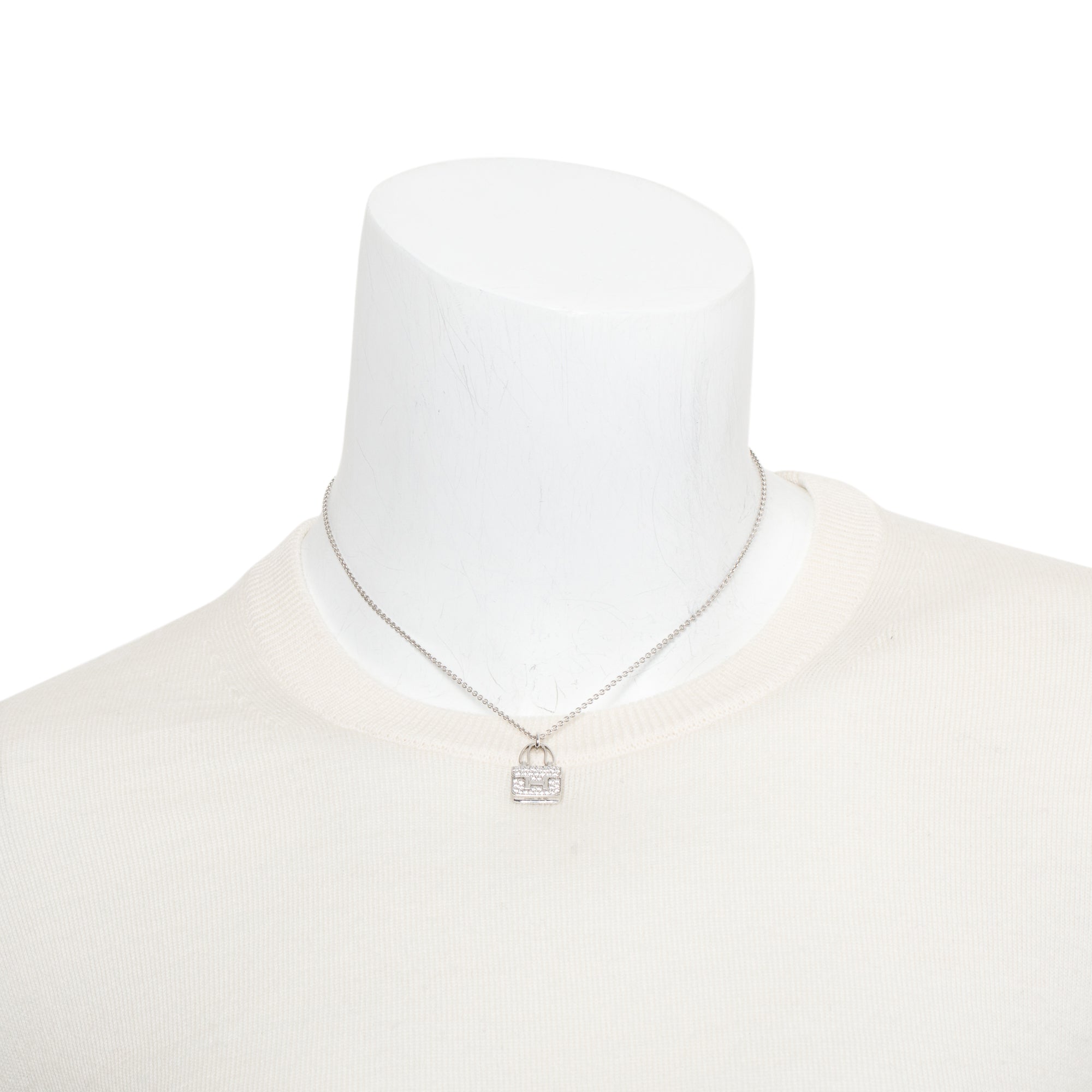 Hermes 18k White Gold Diamond Amulettes Constance Pendant Necklace w/ Box