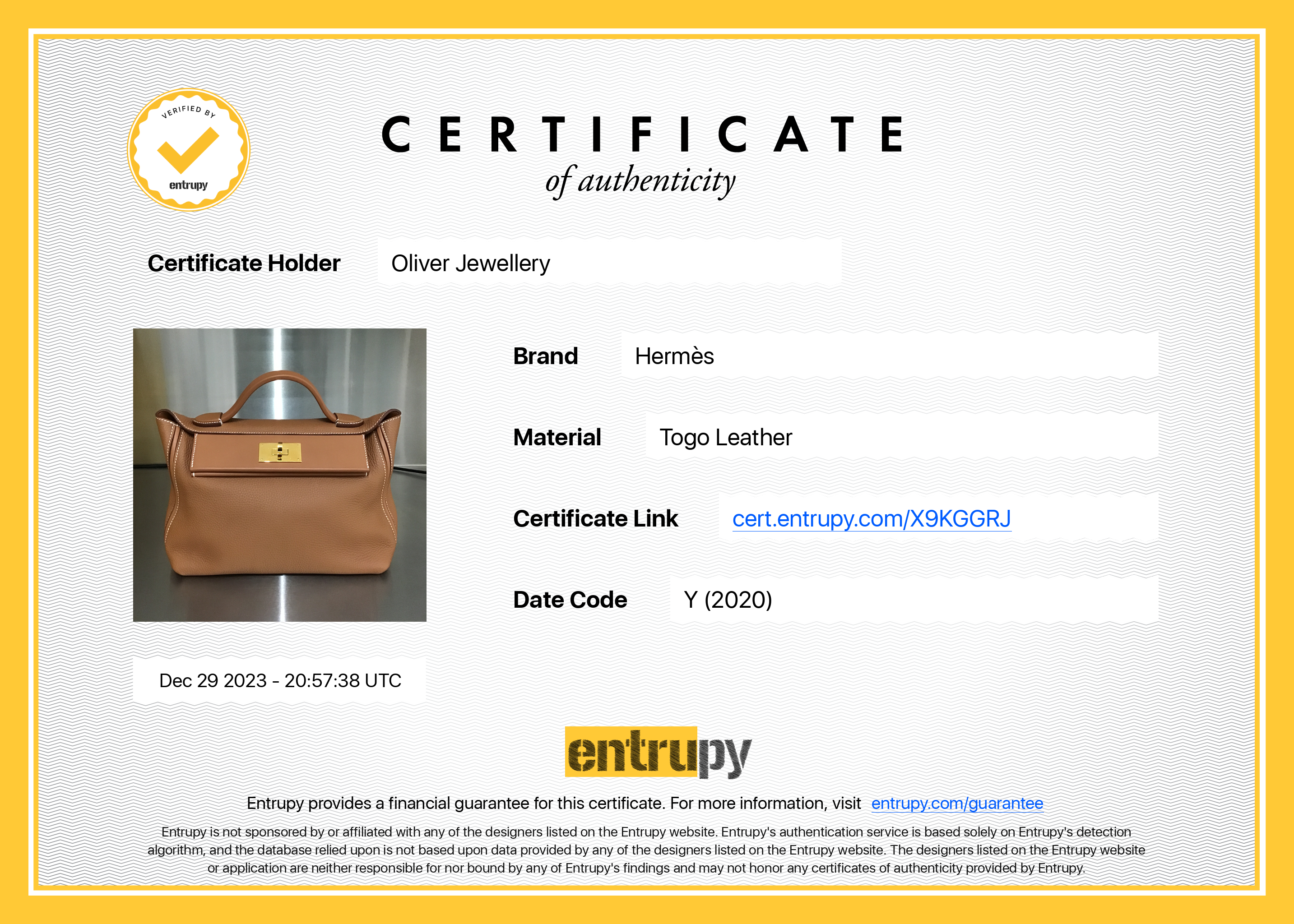 Hermes 2020 Gold Togo & Swift Leather 24/24 29