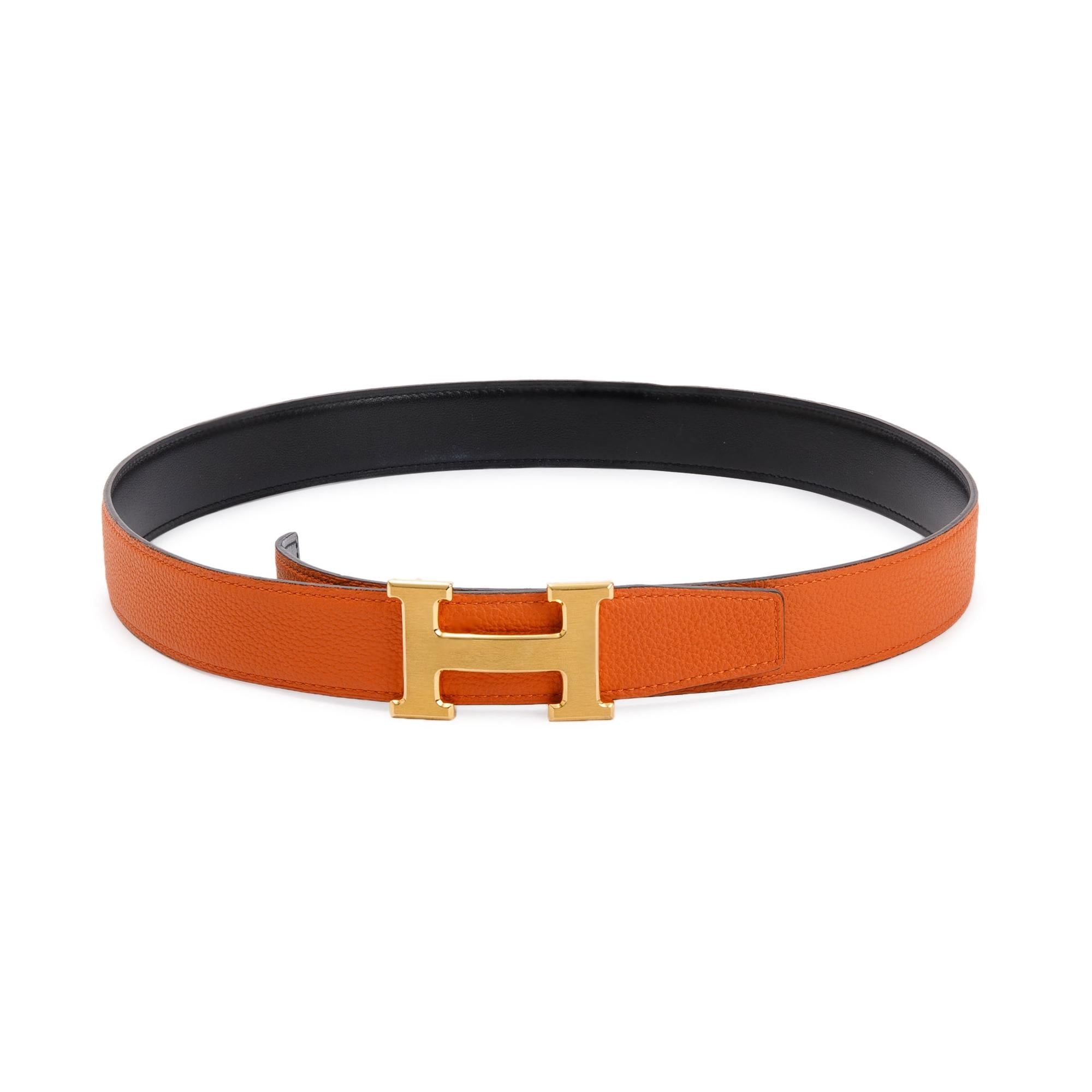 Hermes 2021 Black Box Orange Togo Leather Reversible 32 mm H Belt Kit