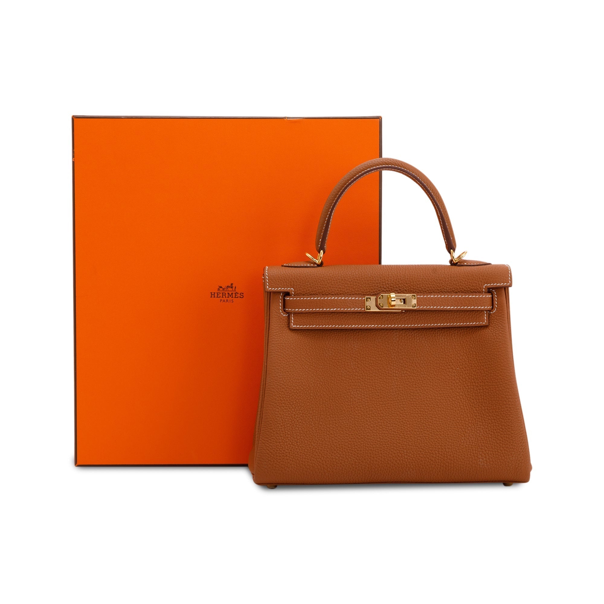 Hermes 2021 Gold Togo Kelly II Retourne 25 w/ Box