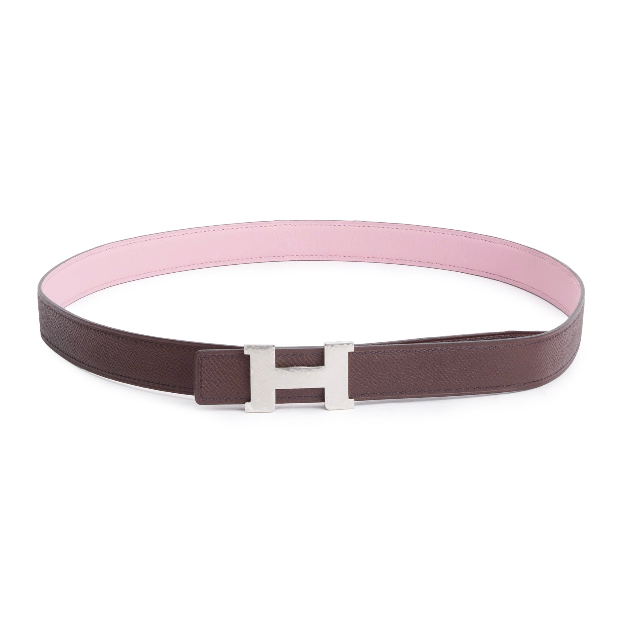 Hermes 2021 Mauve Sylvestre/Rouge Sellier Swift & Epsom Leather Reversible 24 MM Mini Palladium Plated Constance Martelee Belt Kit w/ Box