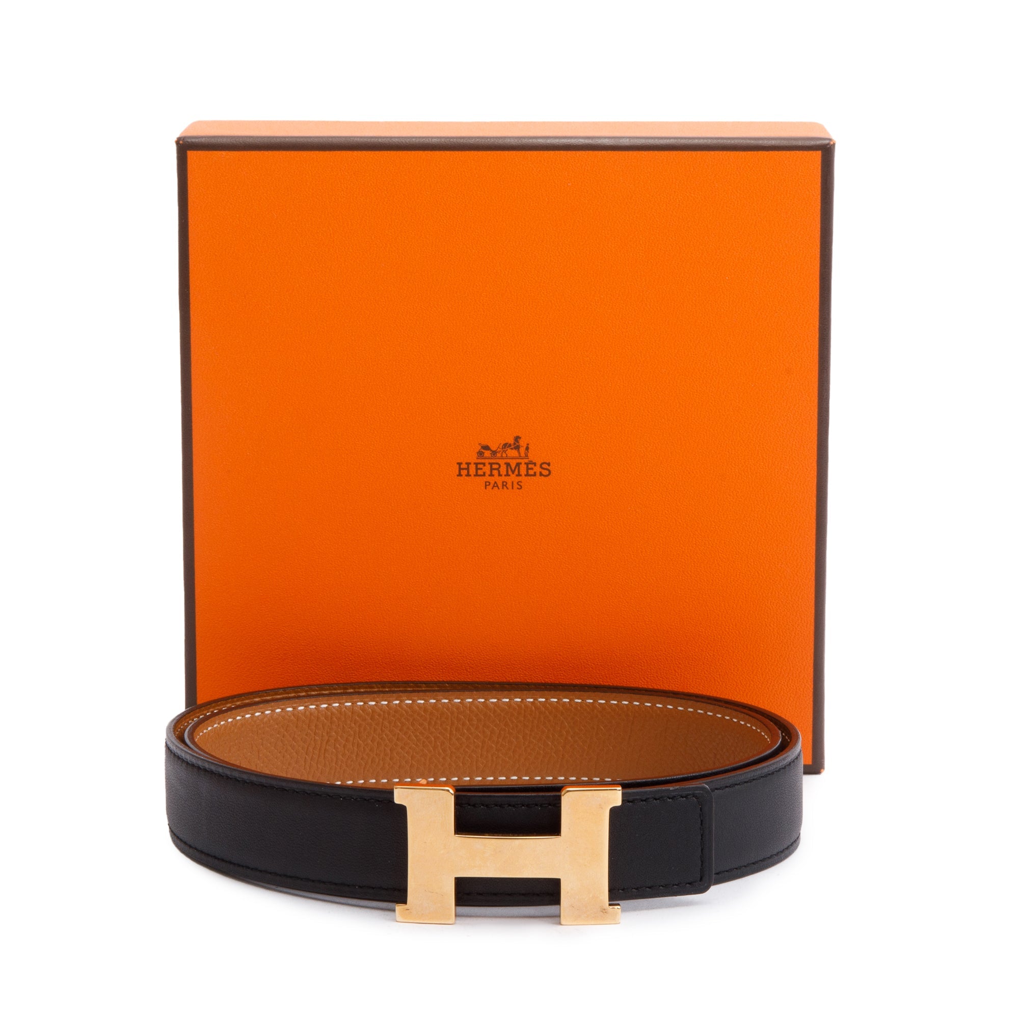 Hermes 2021 Noir/Gold Swift & Epsom Leather Reversible 24 MM Mini Rose Gold Plated H Belt Kit w/ Box