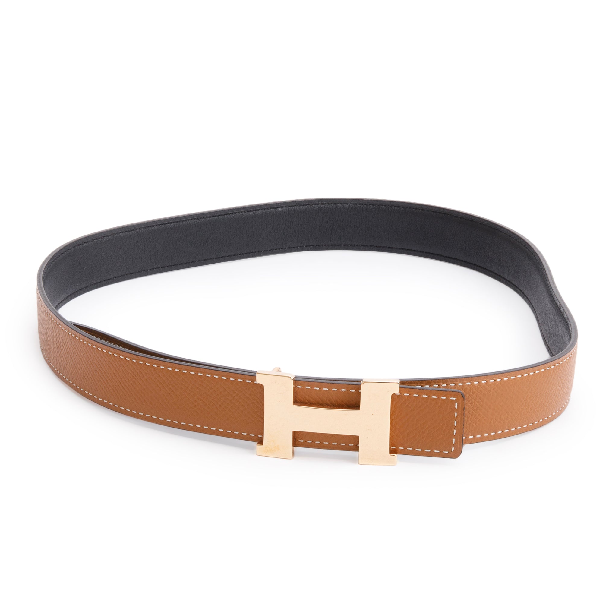 Hermes 2021 Noir/Gold Swift & Epsom Leather Reversible 24 MM Mini Rose Gold Plated H Belt Kit w/ Box