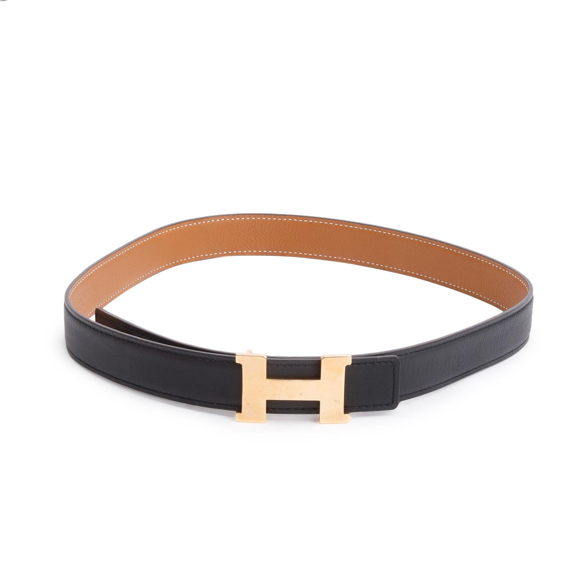 Hermes 2021 Noir/Gold Swift & Epsom Leather Reversible 24 MM Mini Rose Gold Plated H Belt Kit w/ Box