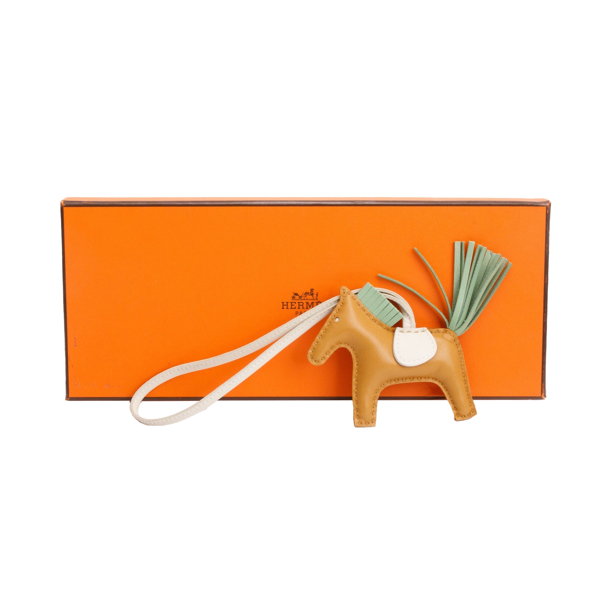 Hermes 2022 Gold Craie Vert Criquet Milo Lambskin Leather Grigri Rodeo Horse Bag Charm PM w/ Box