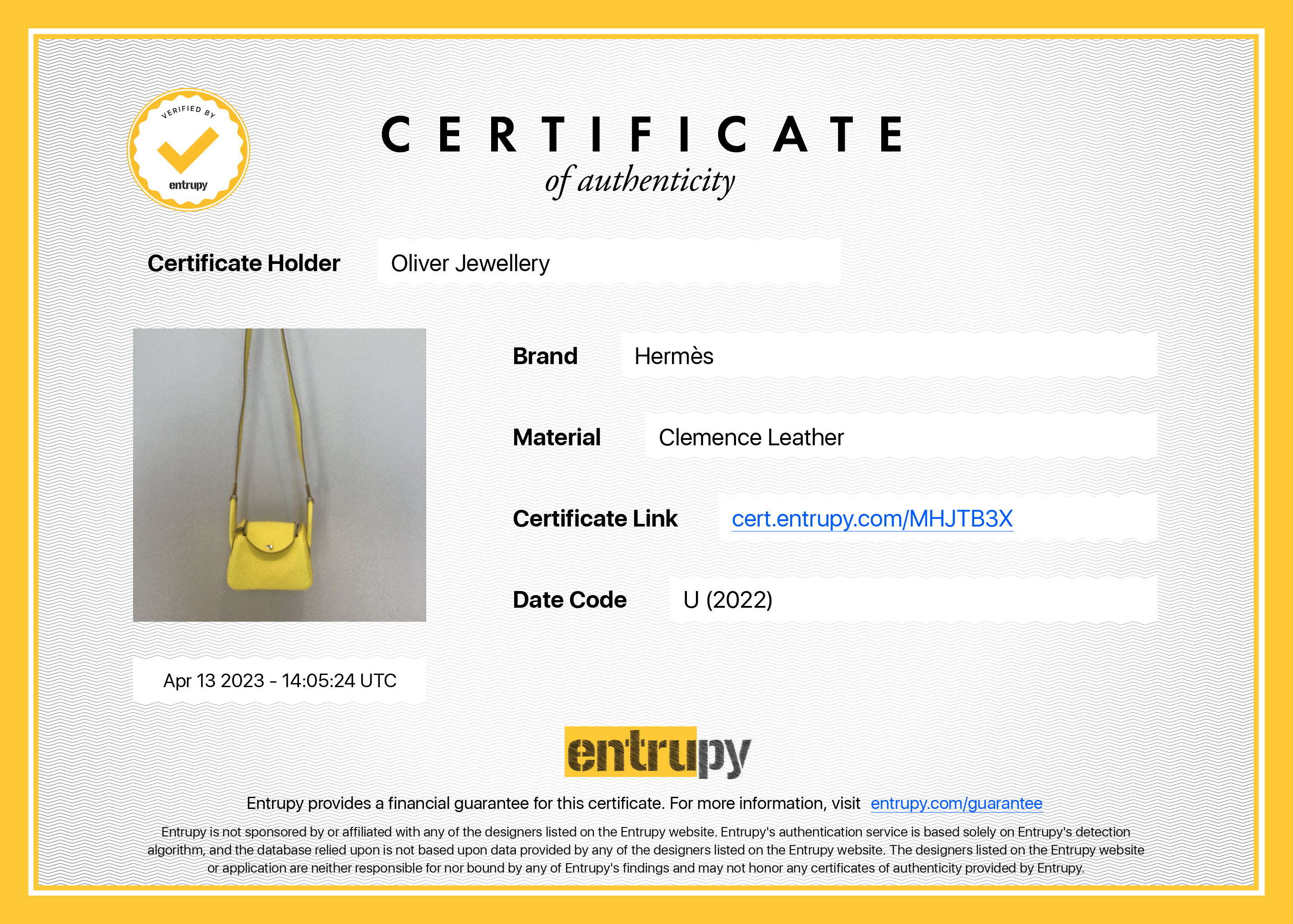 Hermes 2022 Lime Taurillon Clemence Mini Lindy 20 w/ Box & Receipt