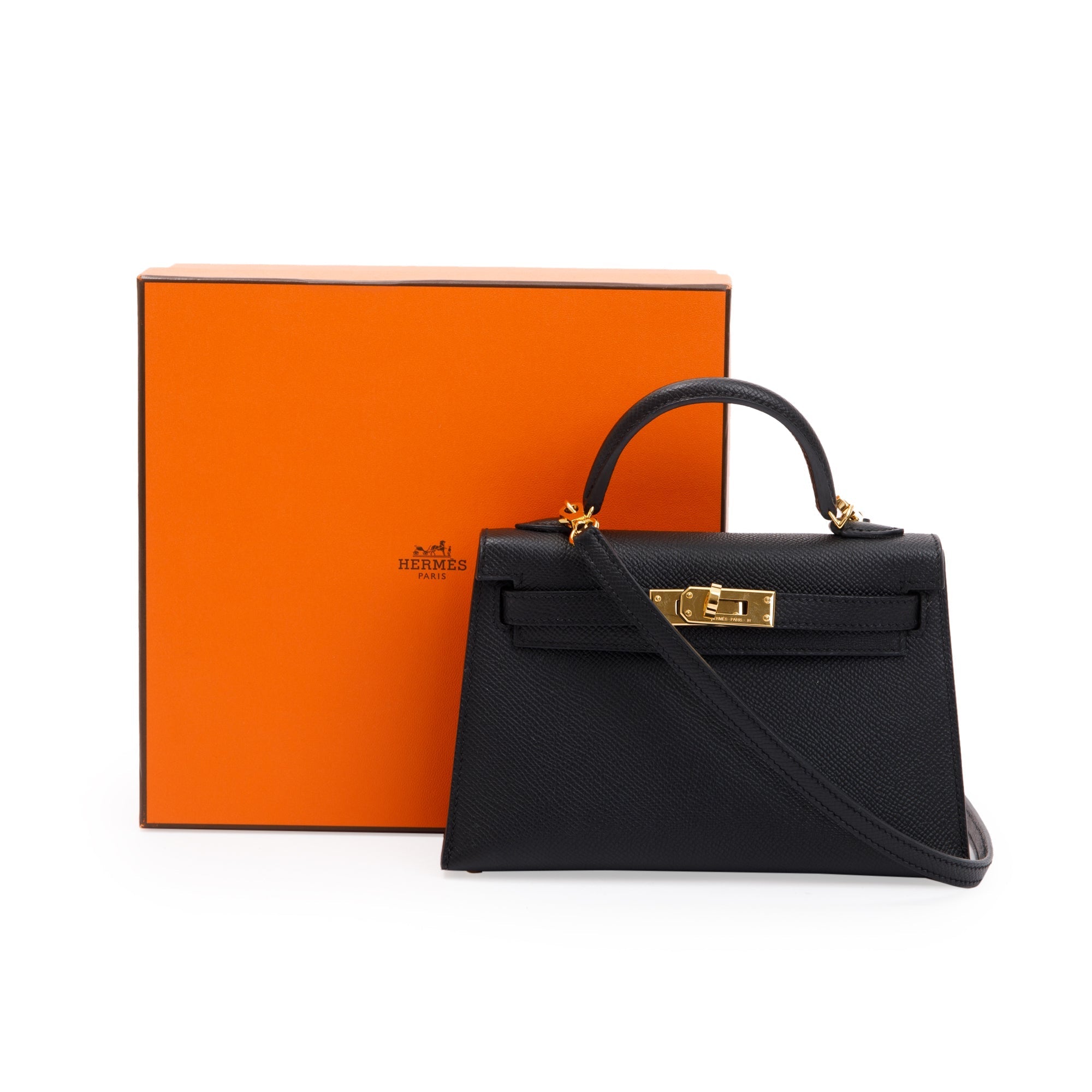 Hermes 2023 Black Epsom Leather Mini Kelly II Sellier 20 w/ Box & Strap