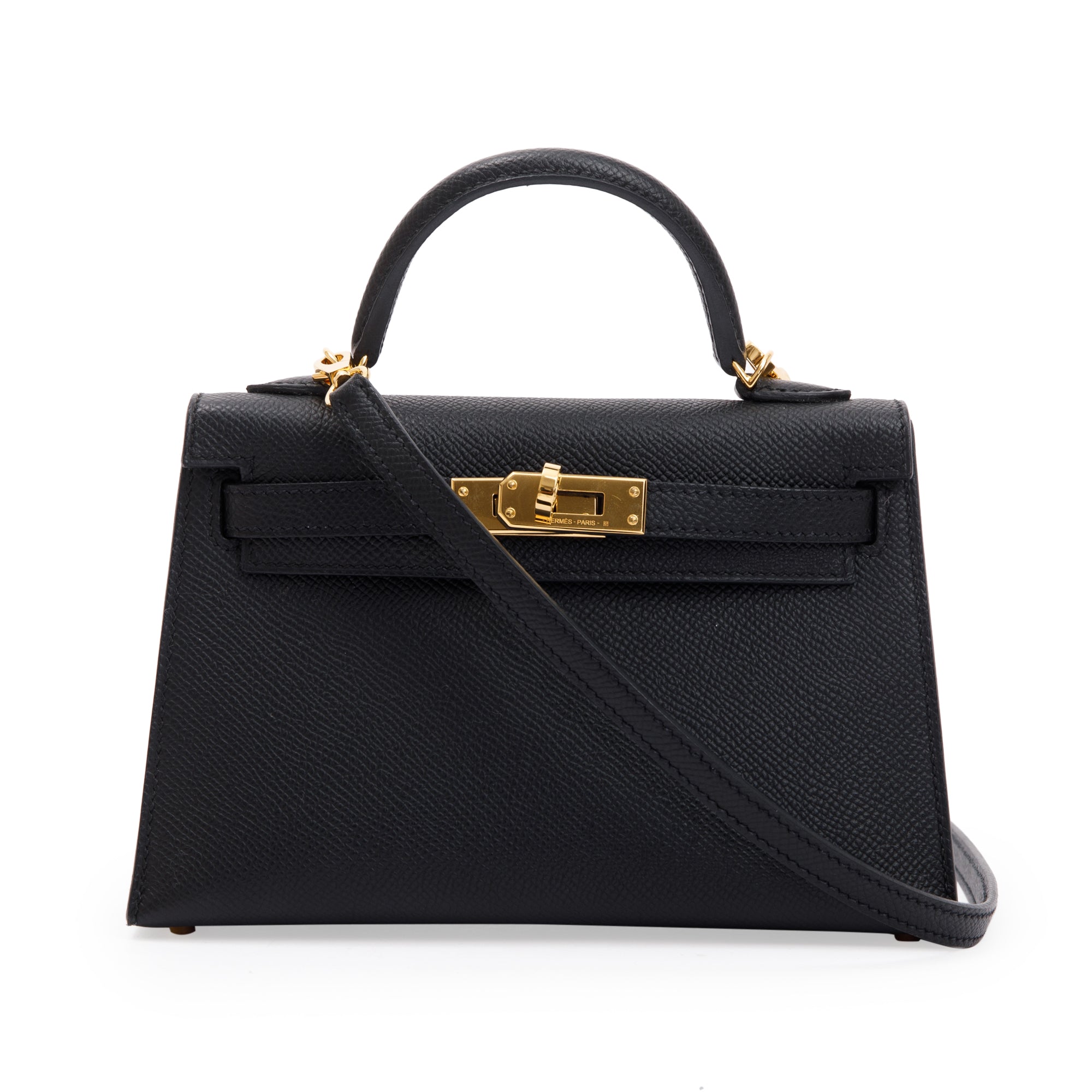 Hermes 2023 Black Epsom Leather Mini Kelly II Sellier 20 w/ Box & Strap